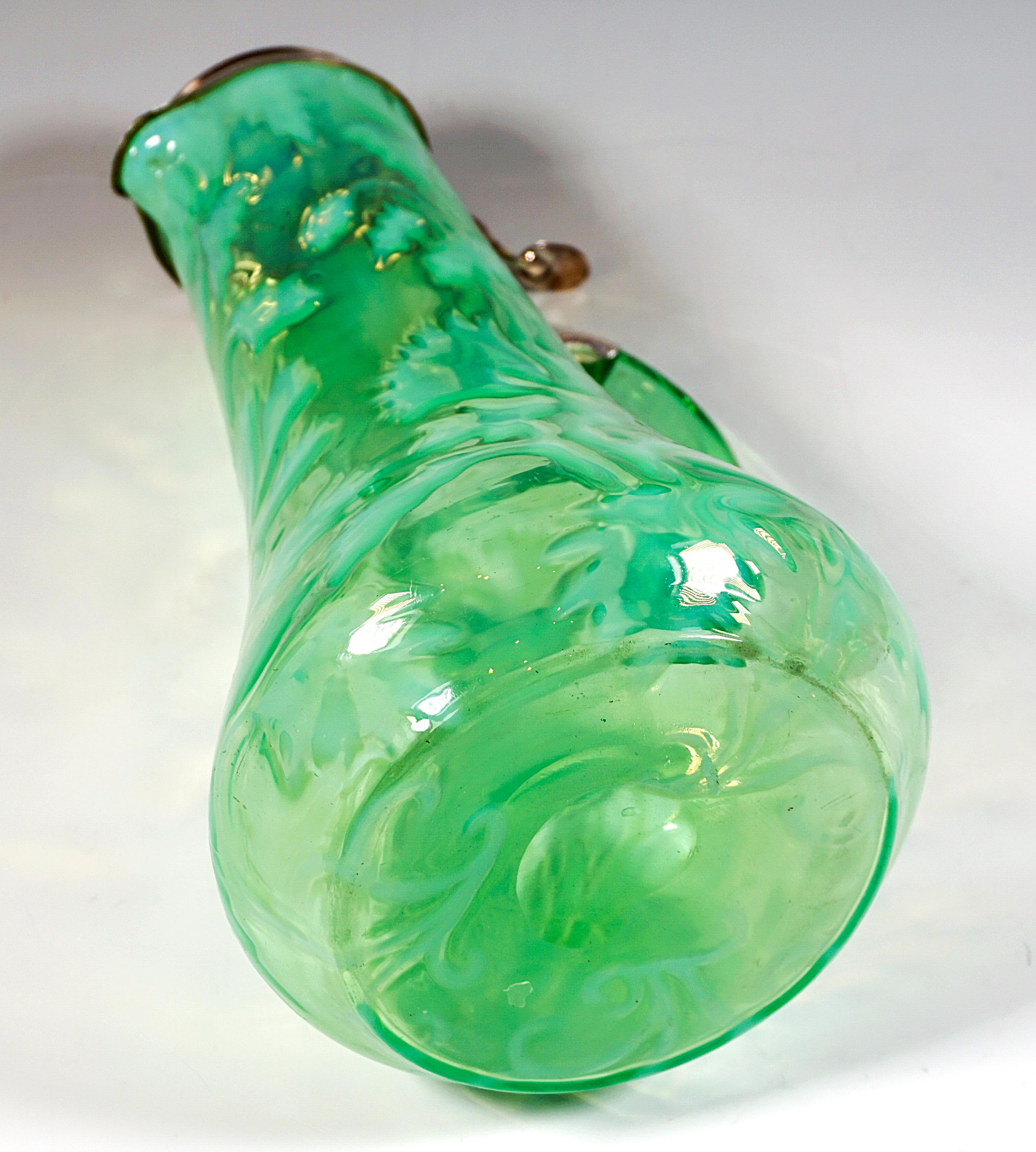 Art Nouveau Carafe, Green Glass with Opaline & Silver Mount, Porto, Around 1900 For Sale 1