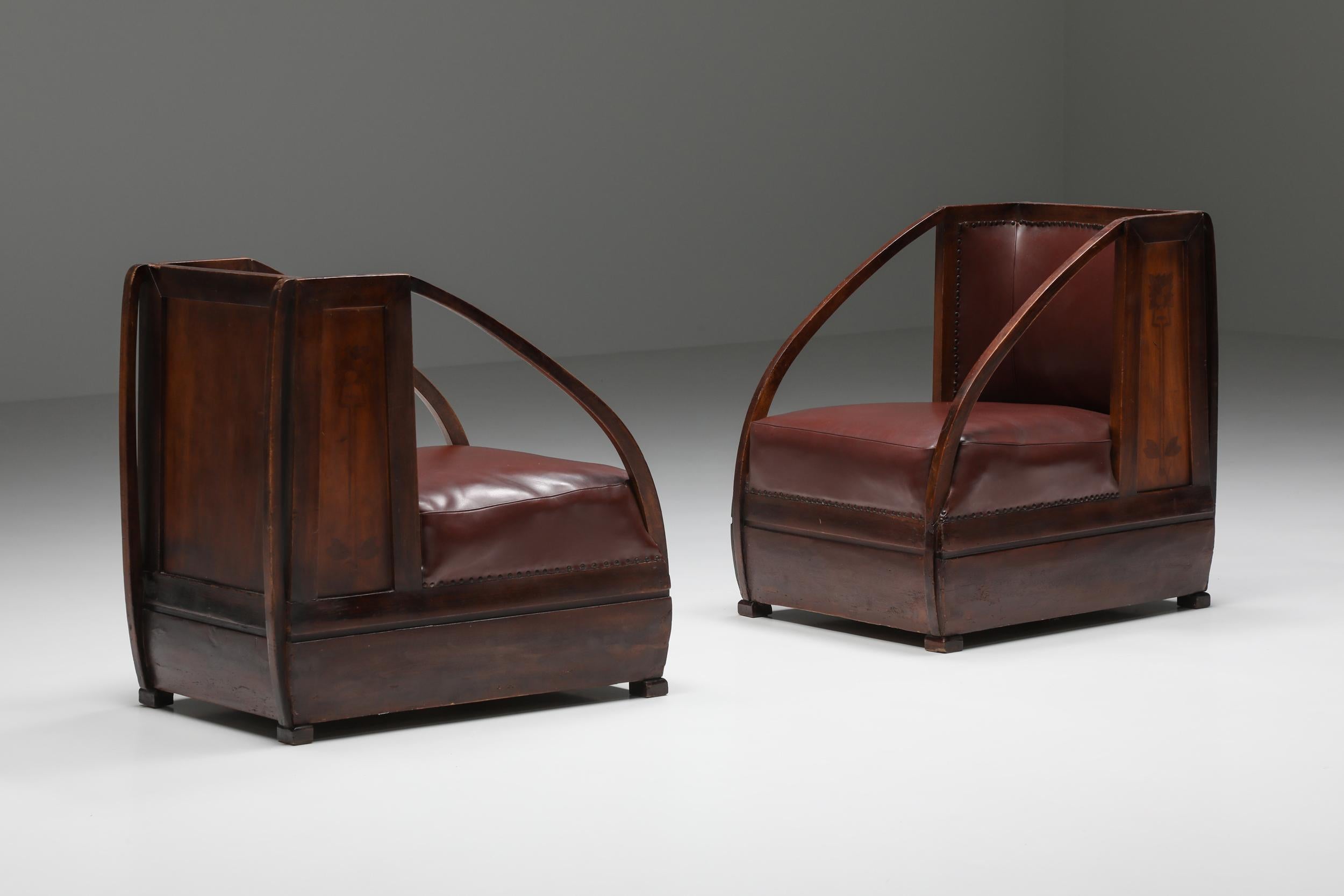 Italian Art Nouveau Carlo and Piero Zen Pair of Armchairs, Fruitwood, Mahogany, 1910 For Sale