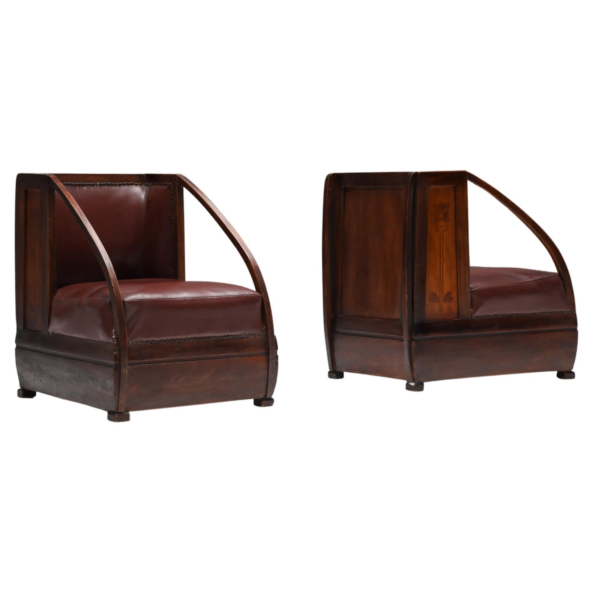 Art Nouveau Carlo and Piero Zen Pair of Armchairs, Fruitwood, Mahogany, 1910 For Sale