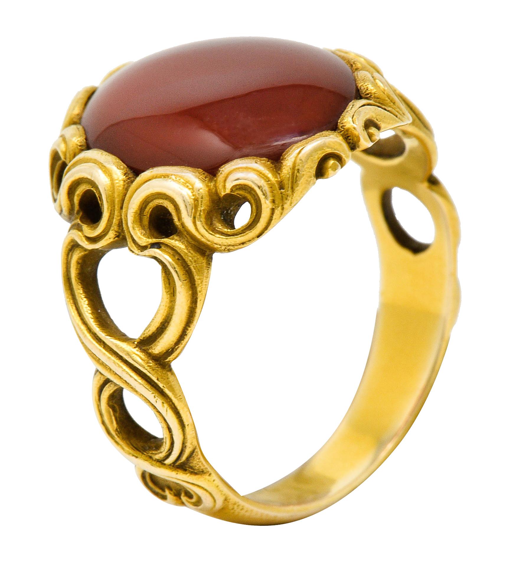 Art Nouveau Carnelian 14 Karat Gold Whiplash Unisex Ring 5