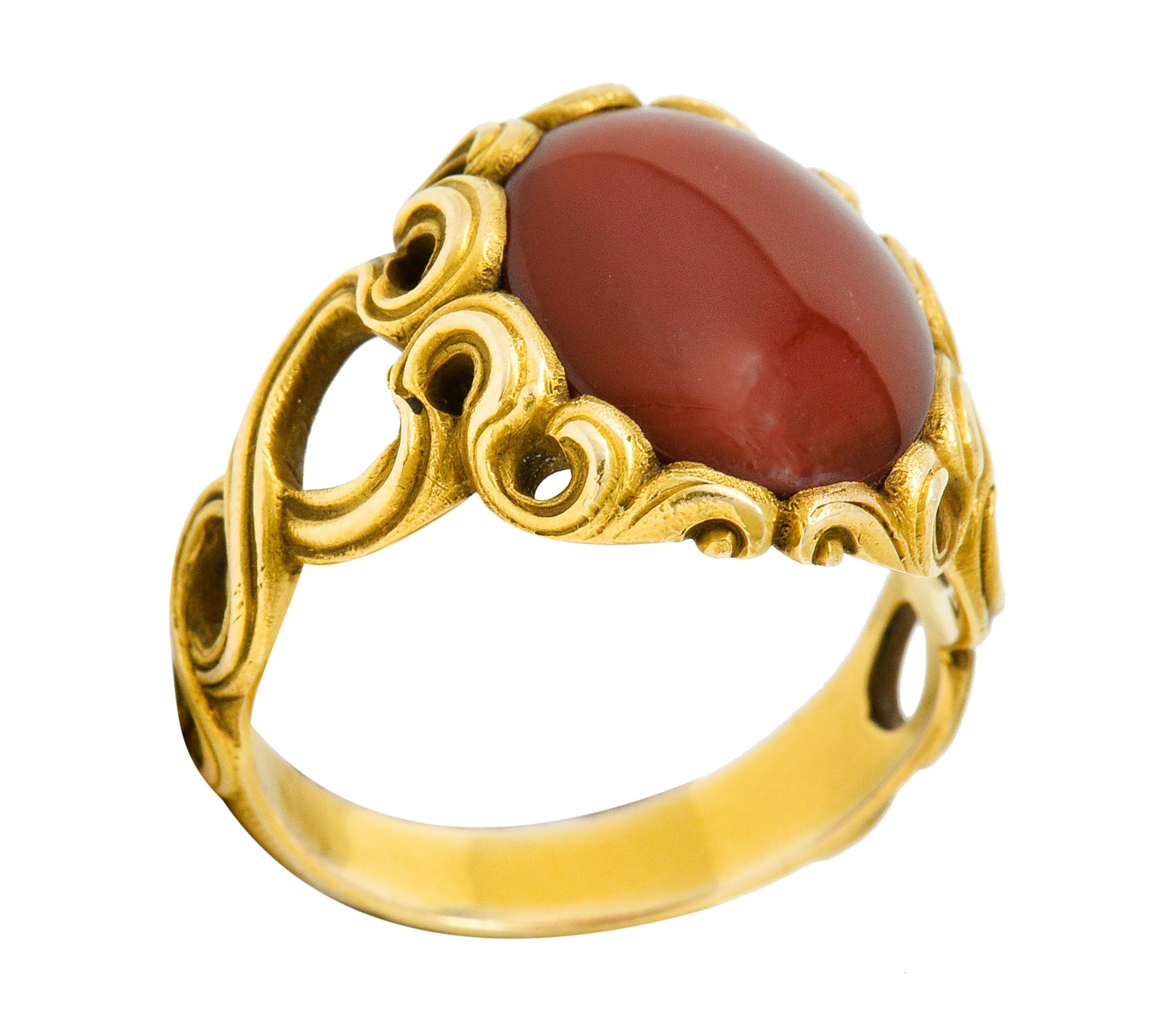 Art Nouveau Carnelian 14 Karat Gold Whiplash Unisex Ring 7