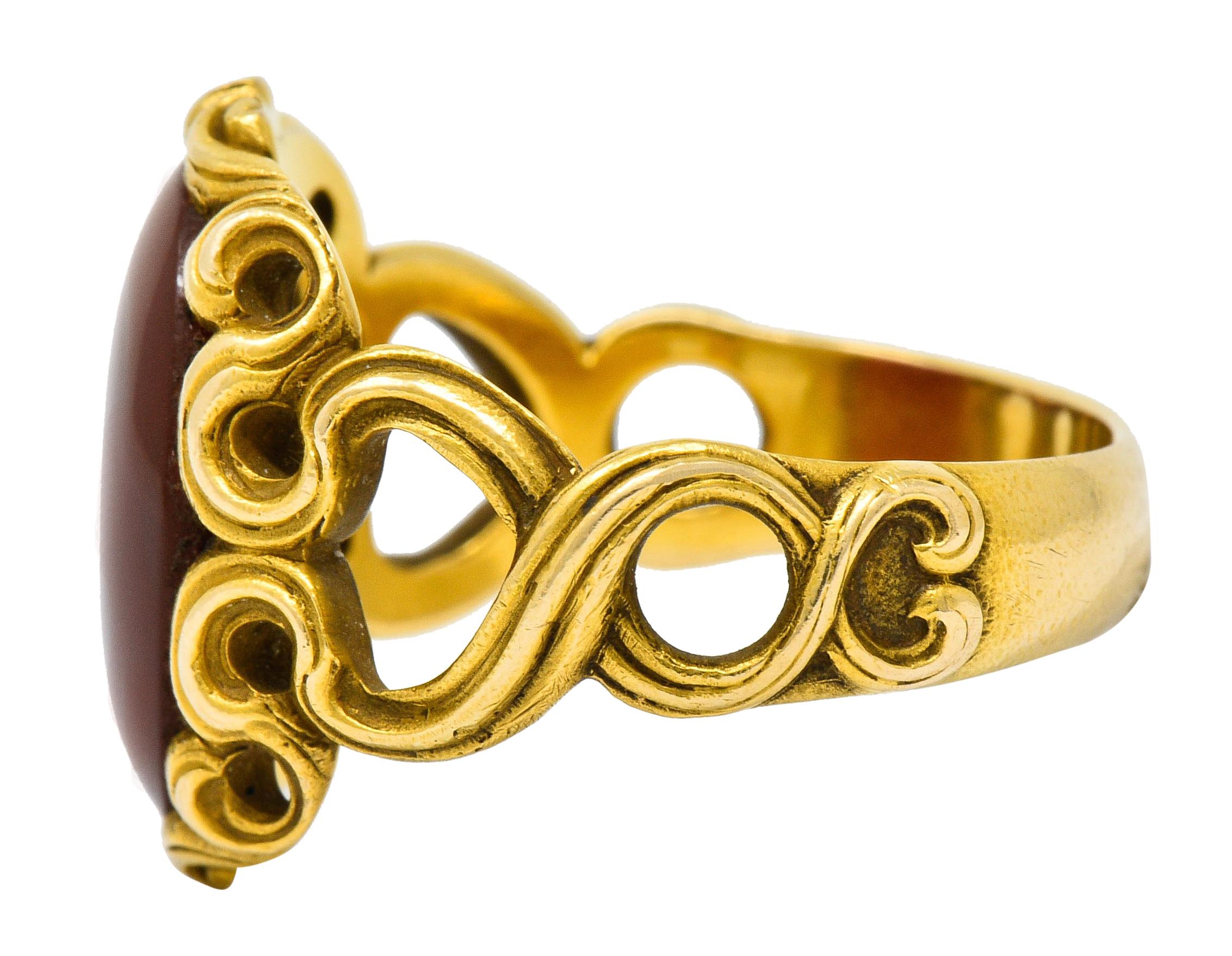 Art Nouveau Carnelian 14 Karat Gold Whiplash Unisex Ring In Excellent Condition In Philadelphia, PA