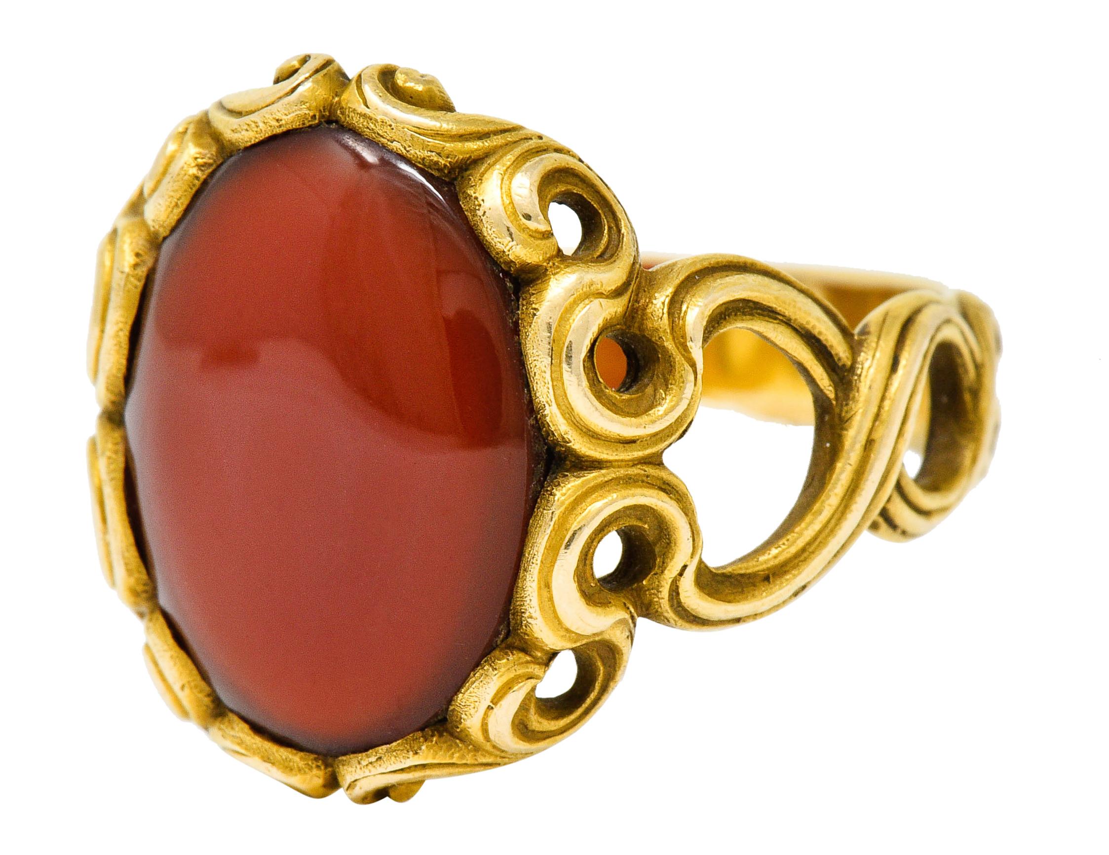 Art Nouveau Carnelian 14 Karat Gold Whiplash Unisex Ring 1