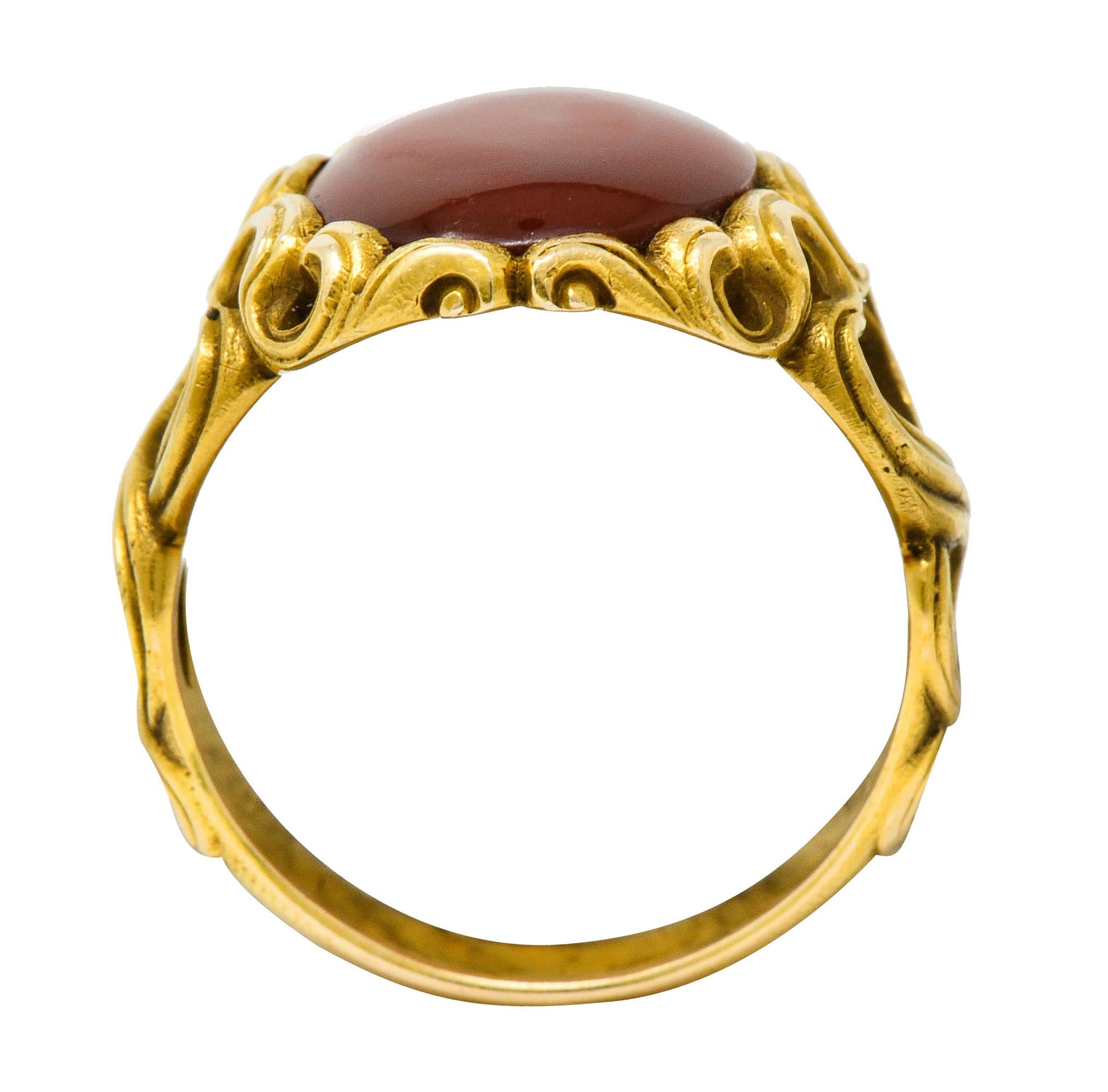 Art Nouveau Carnelian 14 Karat Gold Whiplash Unisex Ring 2