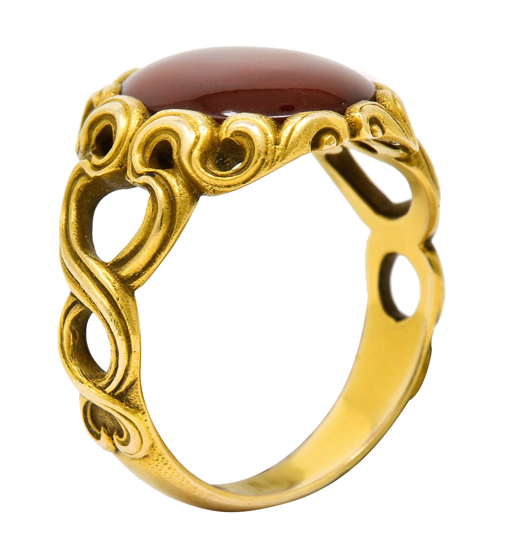 Art Nouveau Carnelian 14 Karat Gold Whiplash Unisex Ring 3