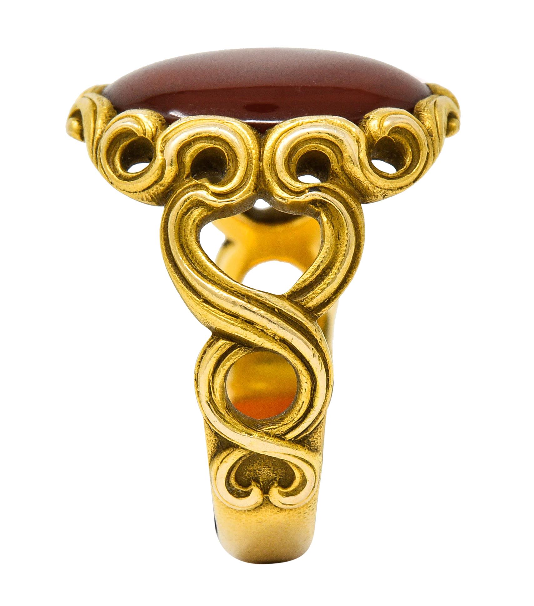 Art Nouveau Carnelian 14 Karat Gold Whiplash Unisex Ring 4