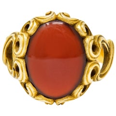 Art Nouveau Carnelian 14 Karat Gold Whiplash Unisex Ring