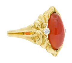 Art Nouveau Carnelian Diamond 14 Karat Gold Foliate Whiplash Ring