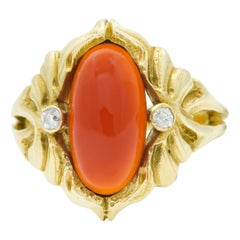 Art Nouveau Carnelian Diamond 14 Karat Gold Foliate Whiplash Ring