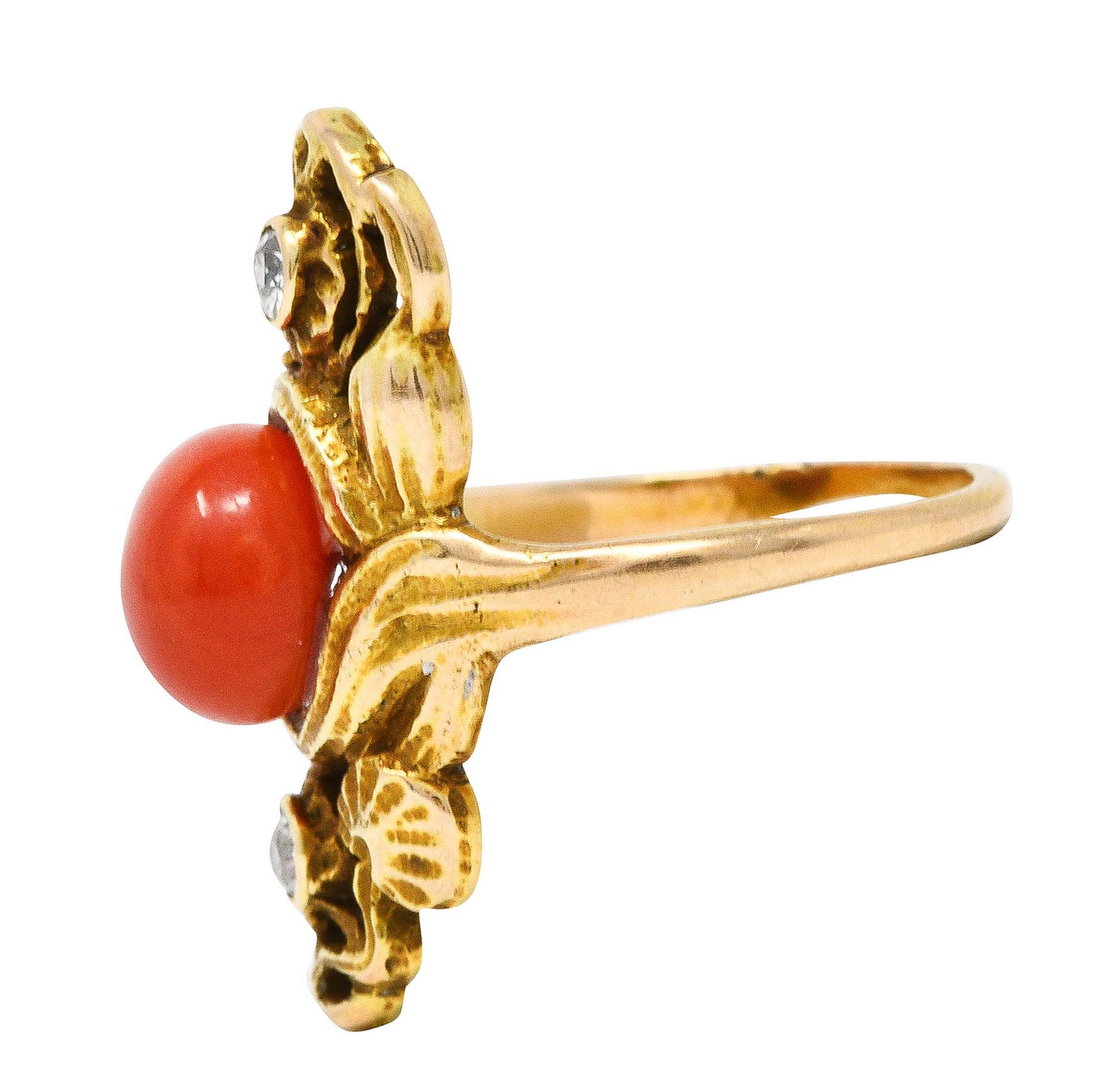Women's or Men's Art Nouveau Carnelian Diamond 14 Karat Gold Gemstone Ring