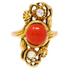 Art Nouveau Carnelian Diamond 14 Karat Gold Gemstone Ring
