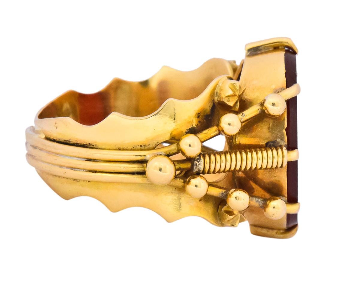 Art Nouveau Carnelian Intaglio 18 Karat Gold Greek Warrior Signet Ring In Excellent Condition In Philadelphia, PA