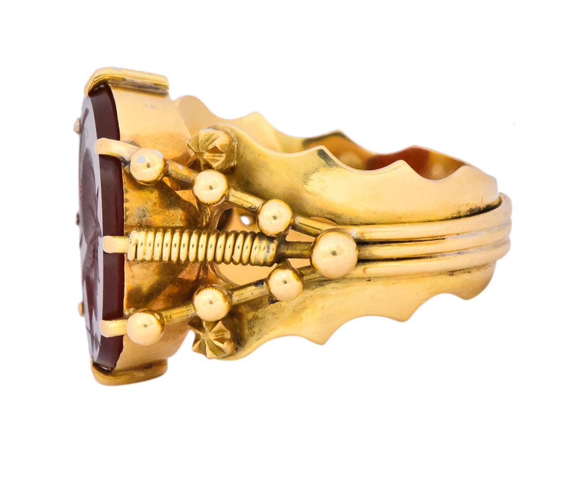Art Nouveau Carnelian Intaglio 18 Karat Gold Greek Warrior Signet Ring 1