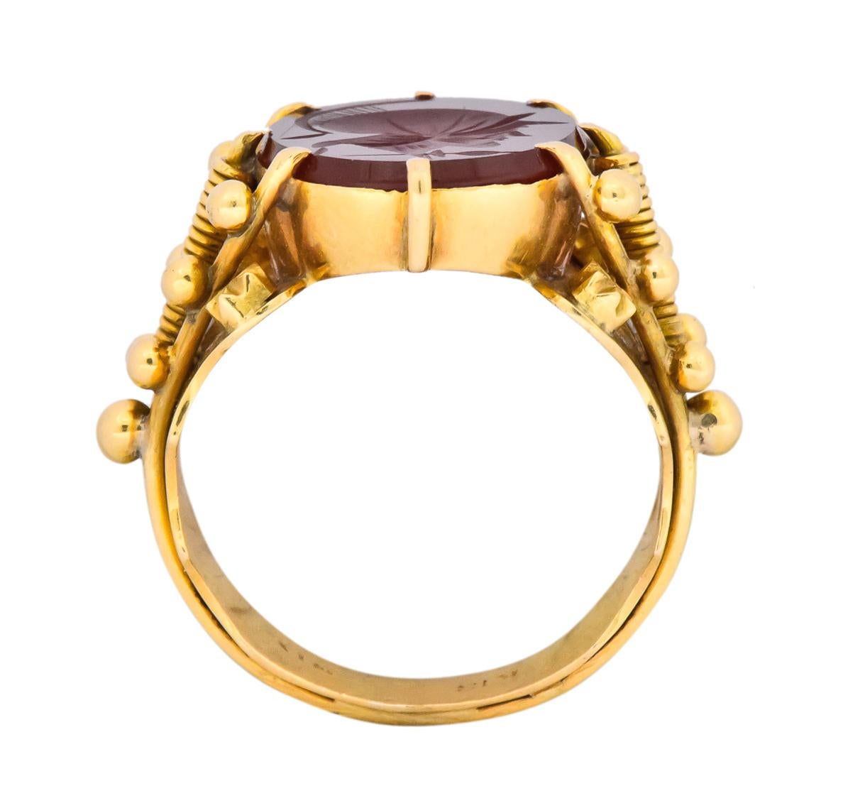 Art Nouveau Carnelian Intaglio 18 Karat Gold Greek Warrior Signet Ring 3