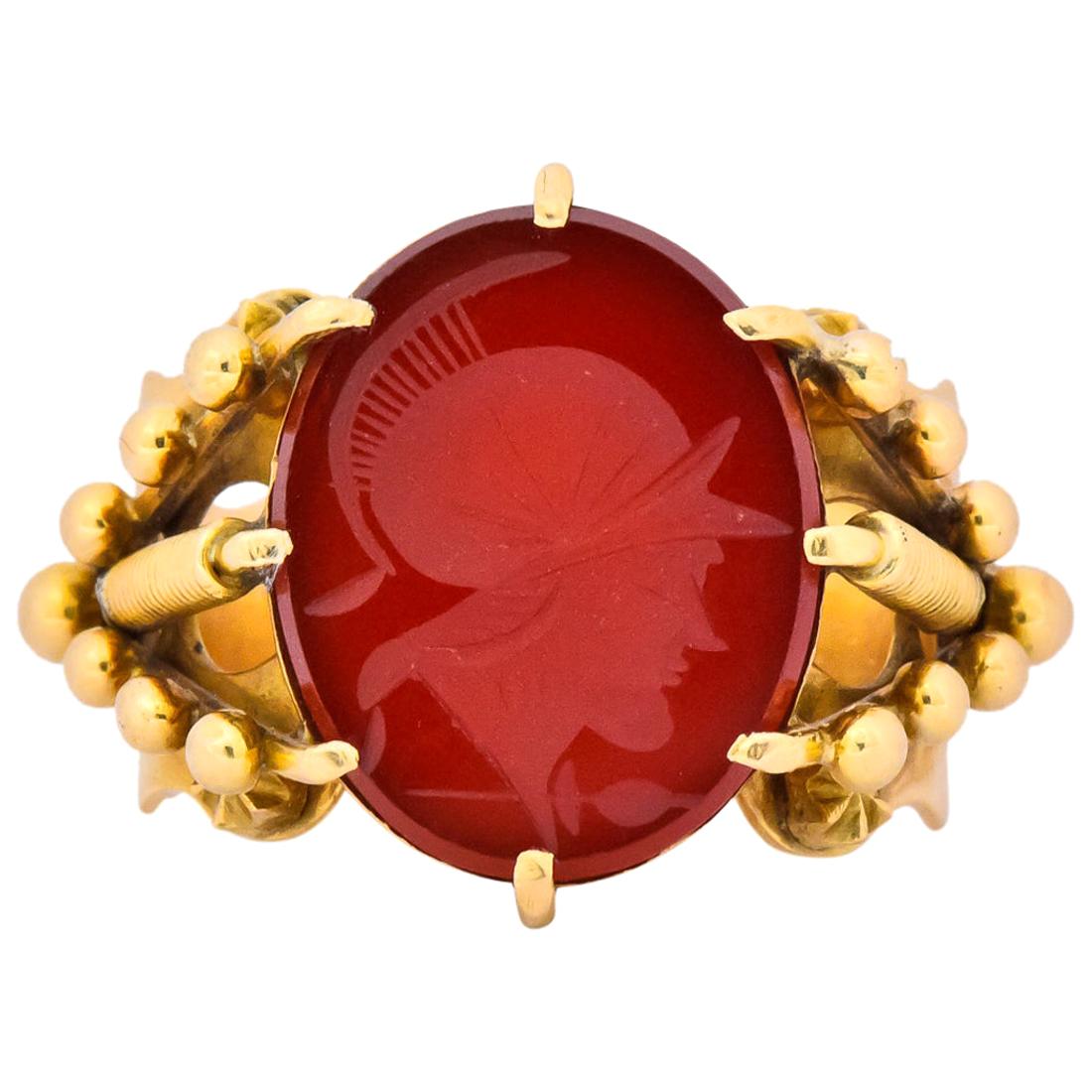 Art Nouveau Carnelian Intaglio 18 Karat Gold Greek Warrior Signet Ring