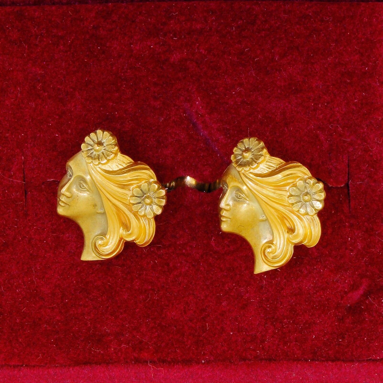 Art Nouveau Carter, Gough & Co. (Newark, N.J. 1841-1920) 14 karat gold cufflinks with the highly-detailed, beautiful face of a lady that has flowing hair and floral decoration.
They are completely original, and absolutely no repairs have been