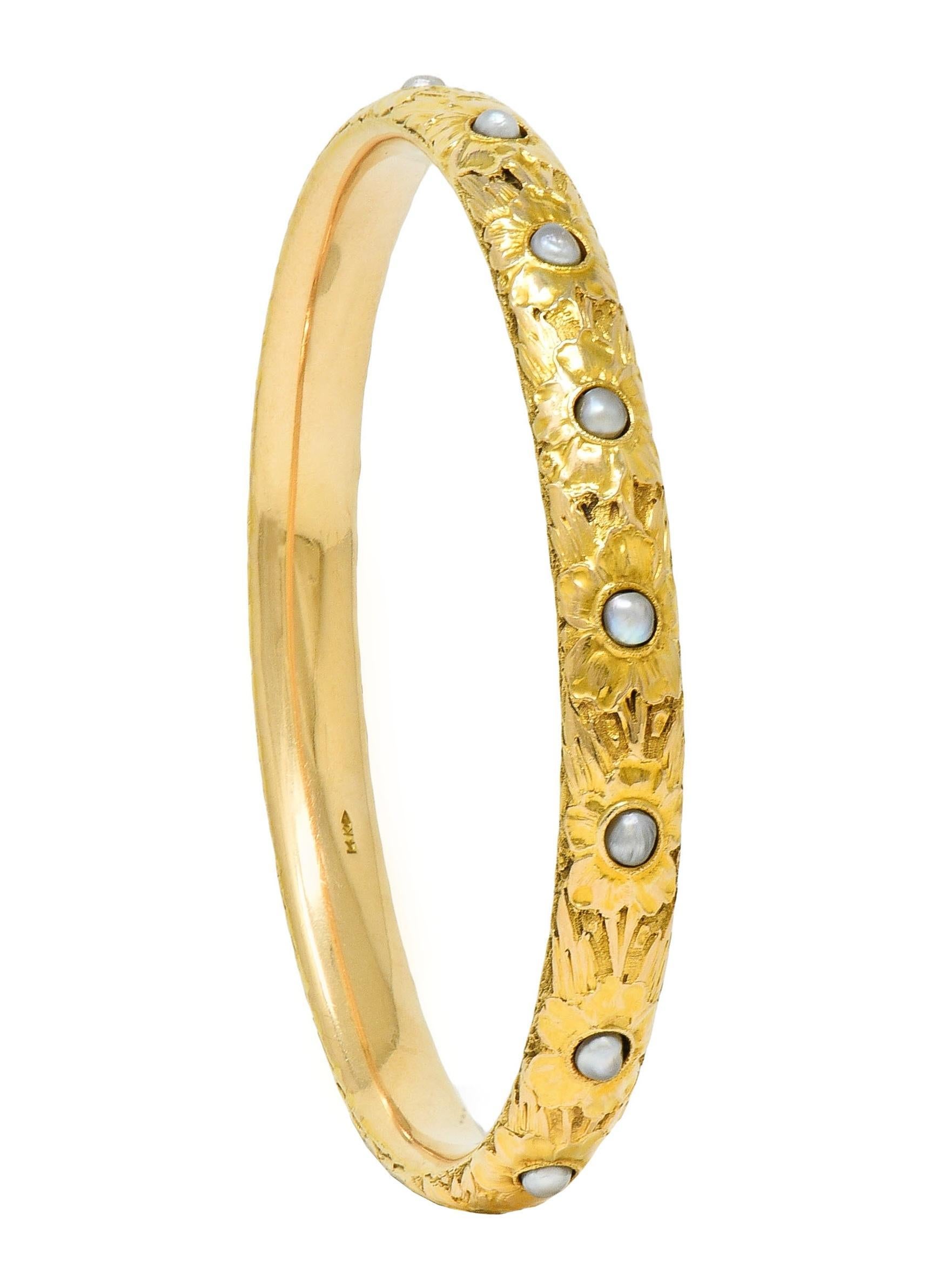 Art Nouveau Carter Gough & Co. Pearl 14K Gold Antique Floral Bangle Bracelet 5