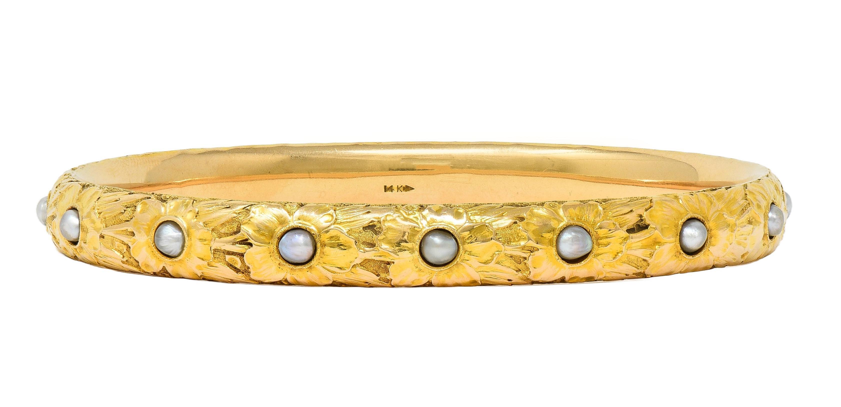 Round Cut Art Nouveau Carter Gough & Co. Pearl 14K Gold Antique Floral Bangle Bracelet