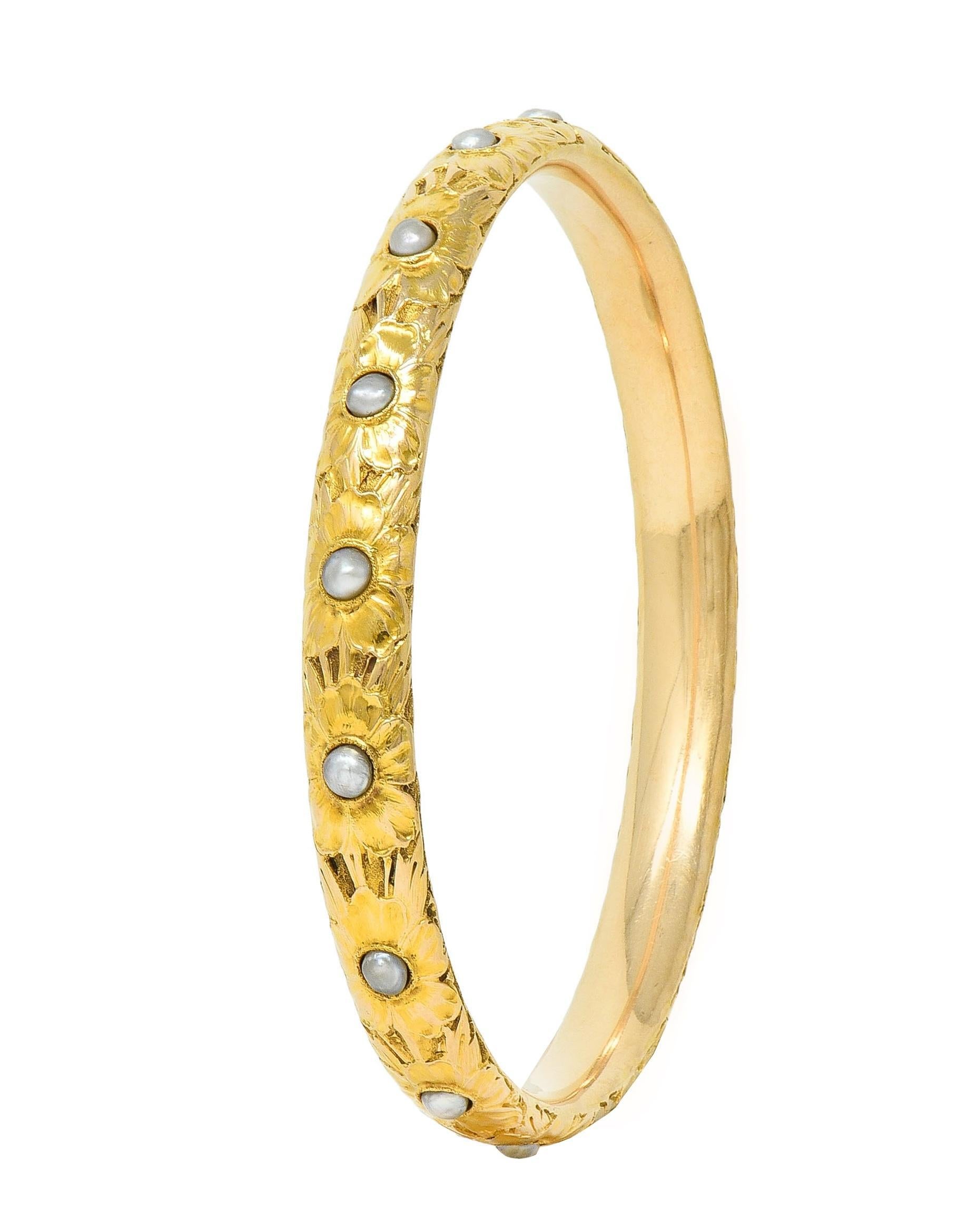 Art Nouveau Carter Gough & Co. Pearl 14K Gold Antique Floral Bangle Bracelet In Excellent Condition In Philadelphia, PA