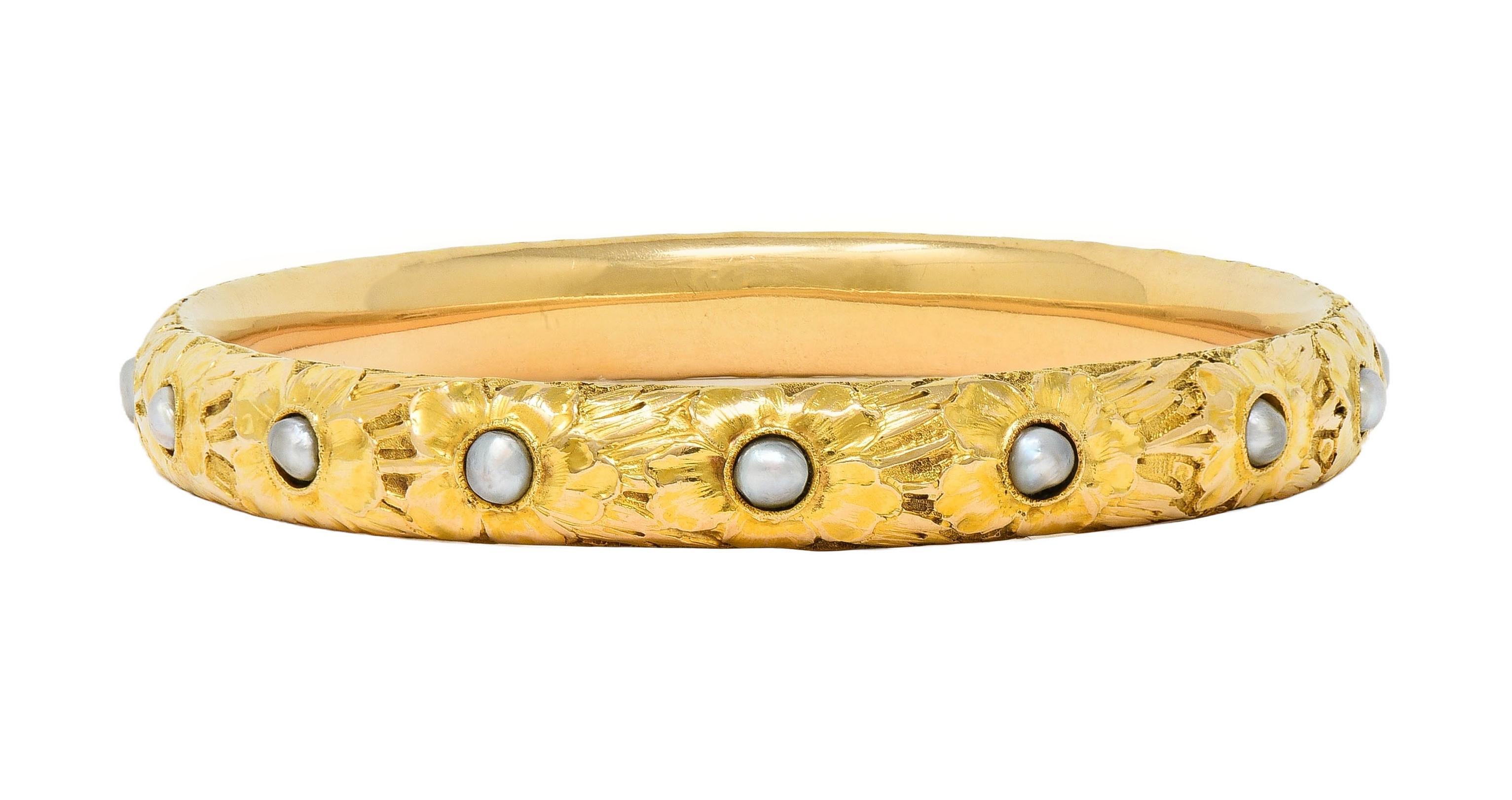 Women's or Men's Art Nouveau Carter Gough & Co. Pearl 14K Gold Antique Floral Bangle Bracelet