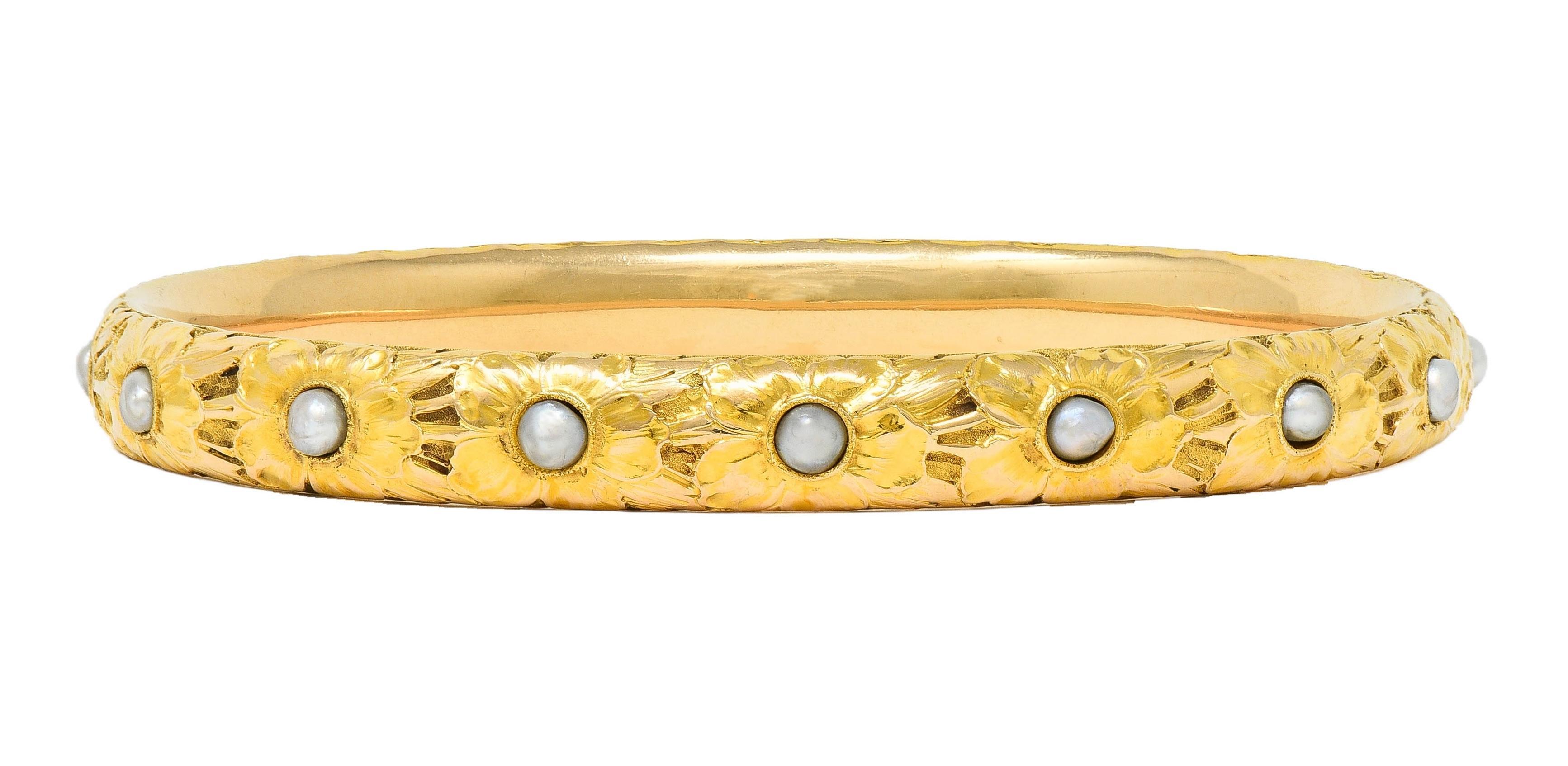 Art Nouveau Carter Gough & Co. Pearl 14K Gold Antique Floral Bangle Bracelet 1