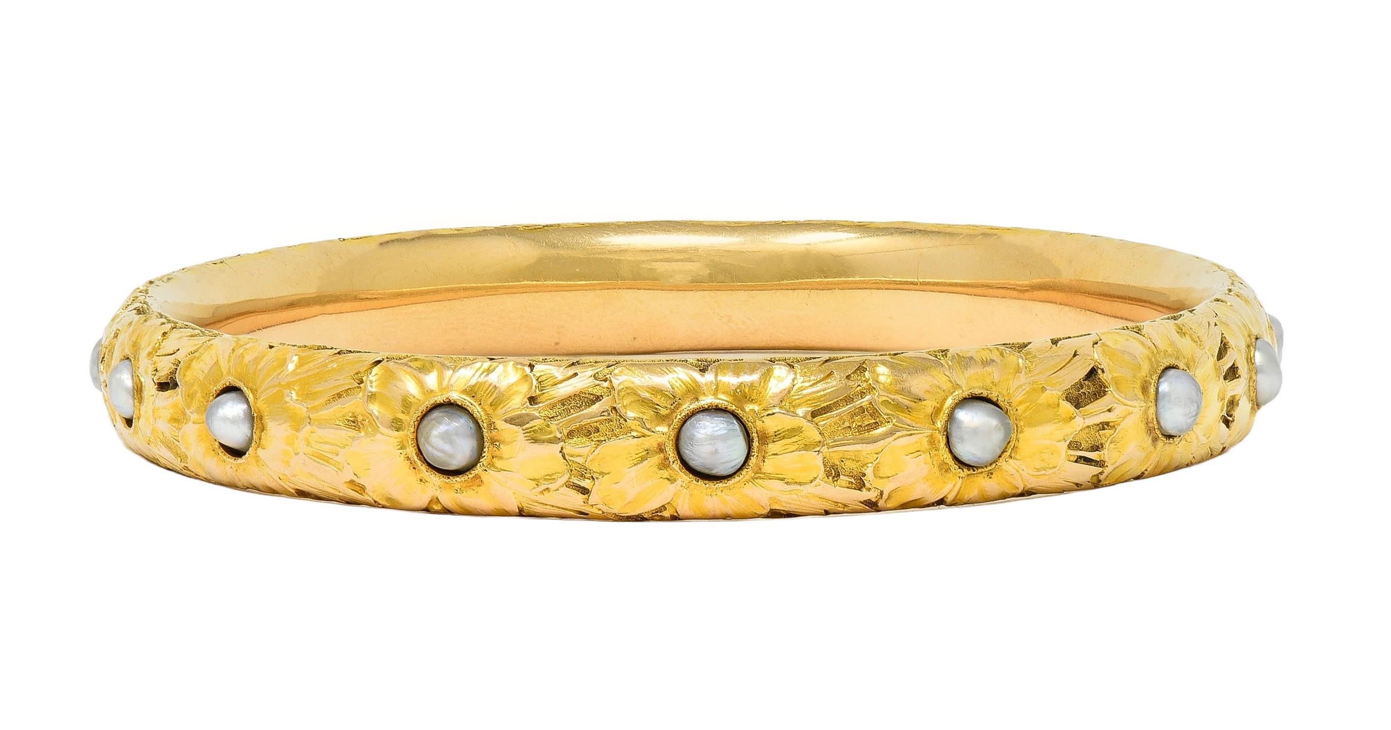 Art Nouveau Carter Gough & Co. Pearl 14K Gold Antique Floral Bangle Bracelet 2