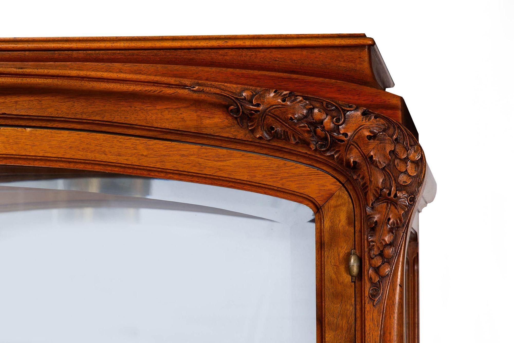 Bronze Art Nouveau Carved and Burl Walnut Display Cabinet circa 1900 For Sale