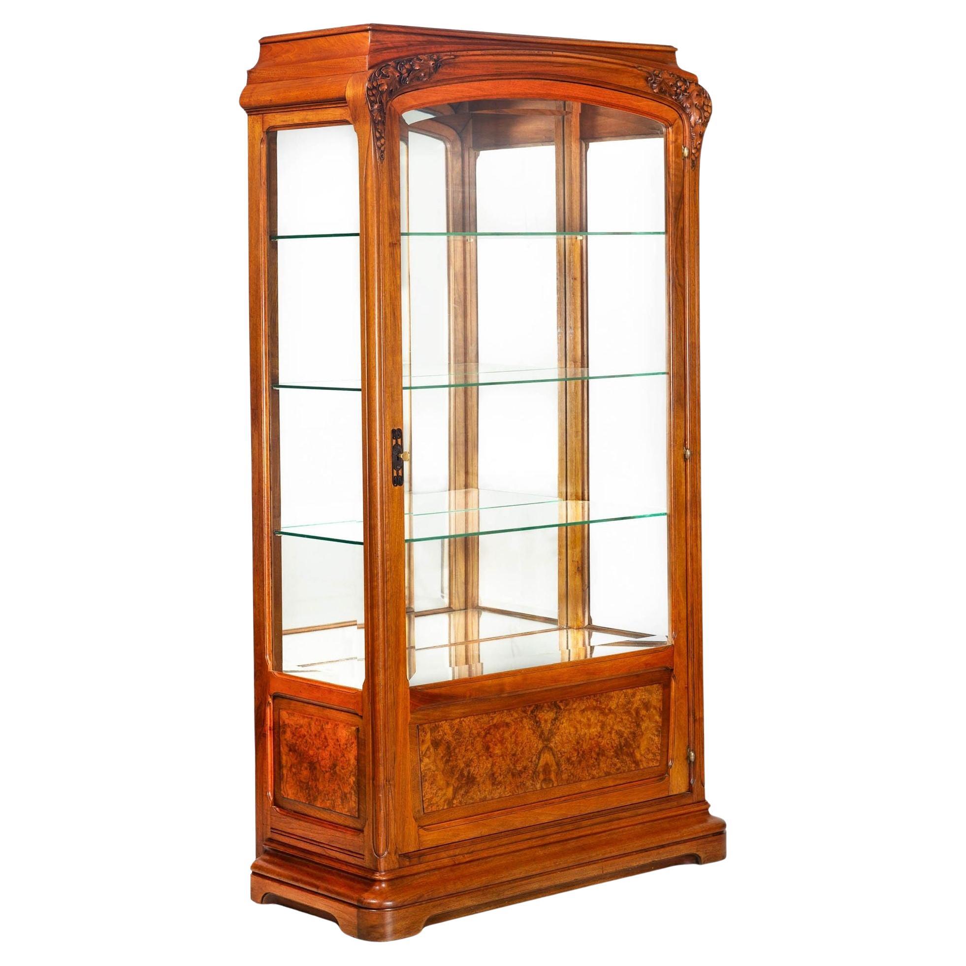 Art Nouveau Carved and Burl Walnut Display Cabinet circa 1900