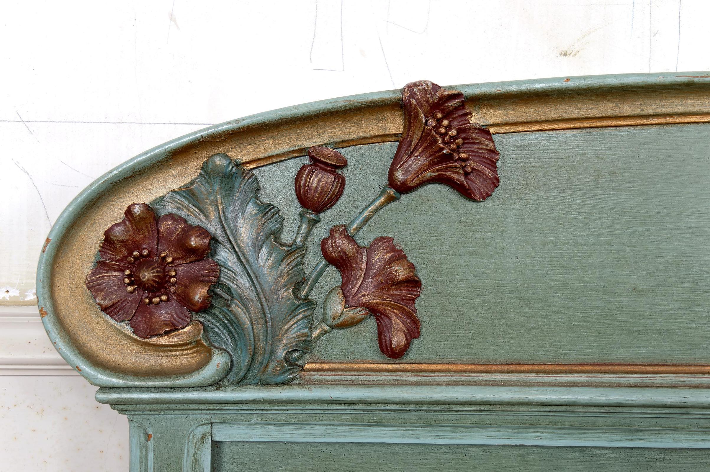 Art Nouveau Carved and Painted Wooden Bed, Floral Theme: Poppies, France, 1900 For Sale 8