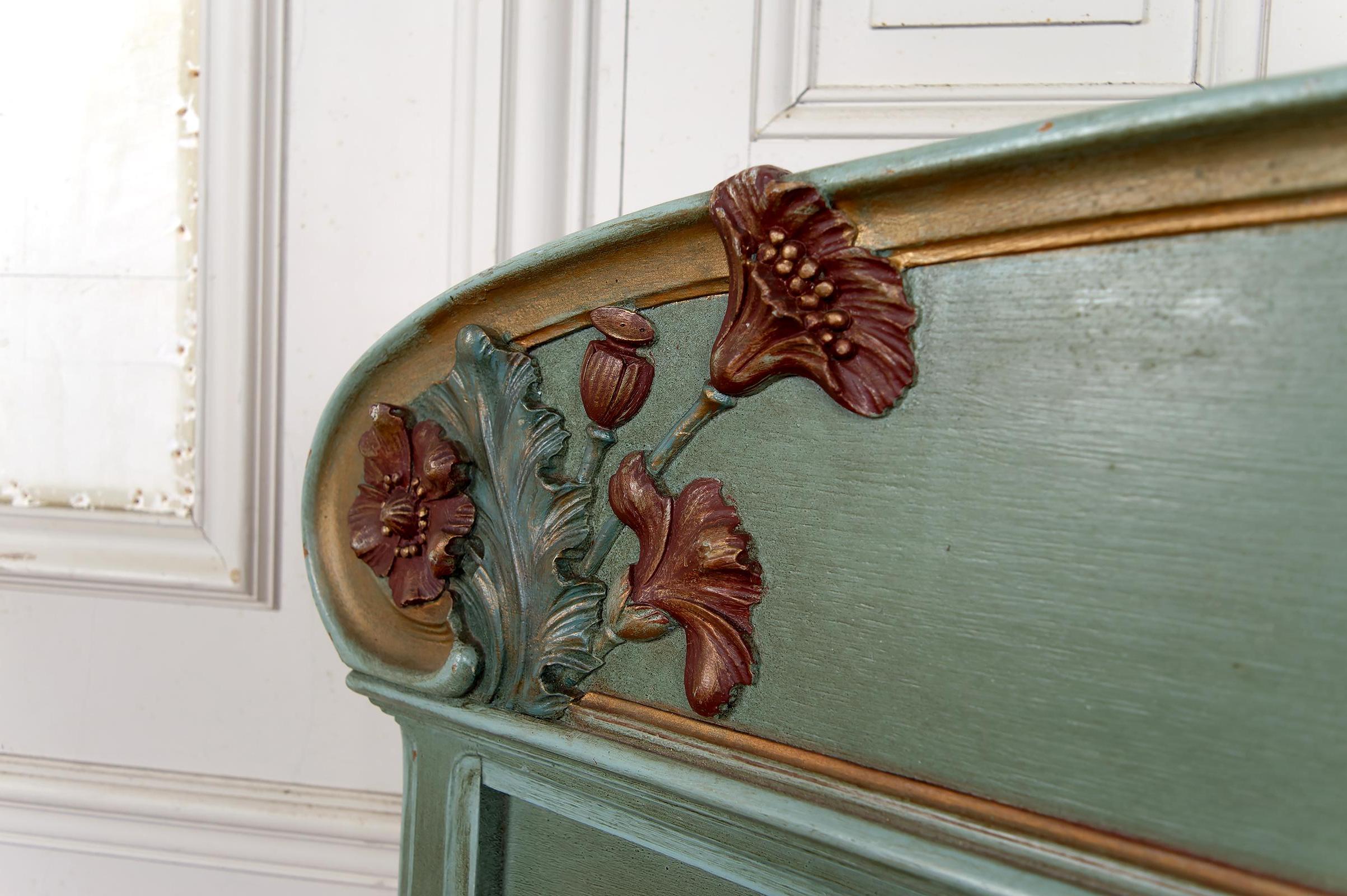 Art Nouveau Carved and Painted Wooden Bed, Floral Theme: Poppies, France, 1900 For Sale 9