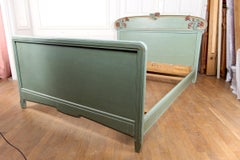 Art Nouveau Carved and Painted Wooden Bed, Floral Theme: Poppies, France, 1900