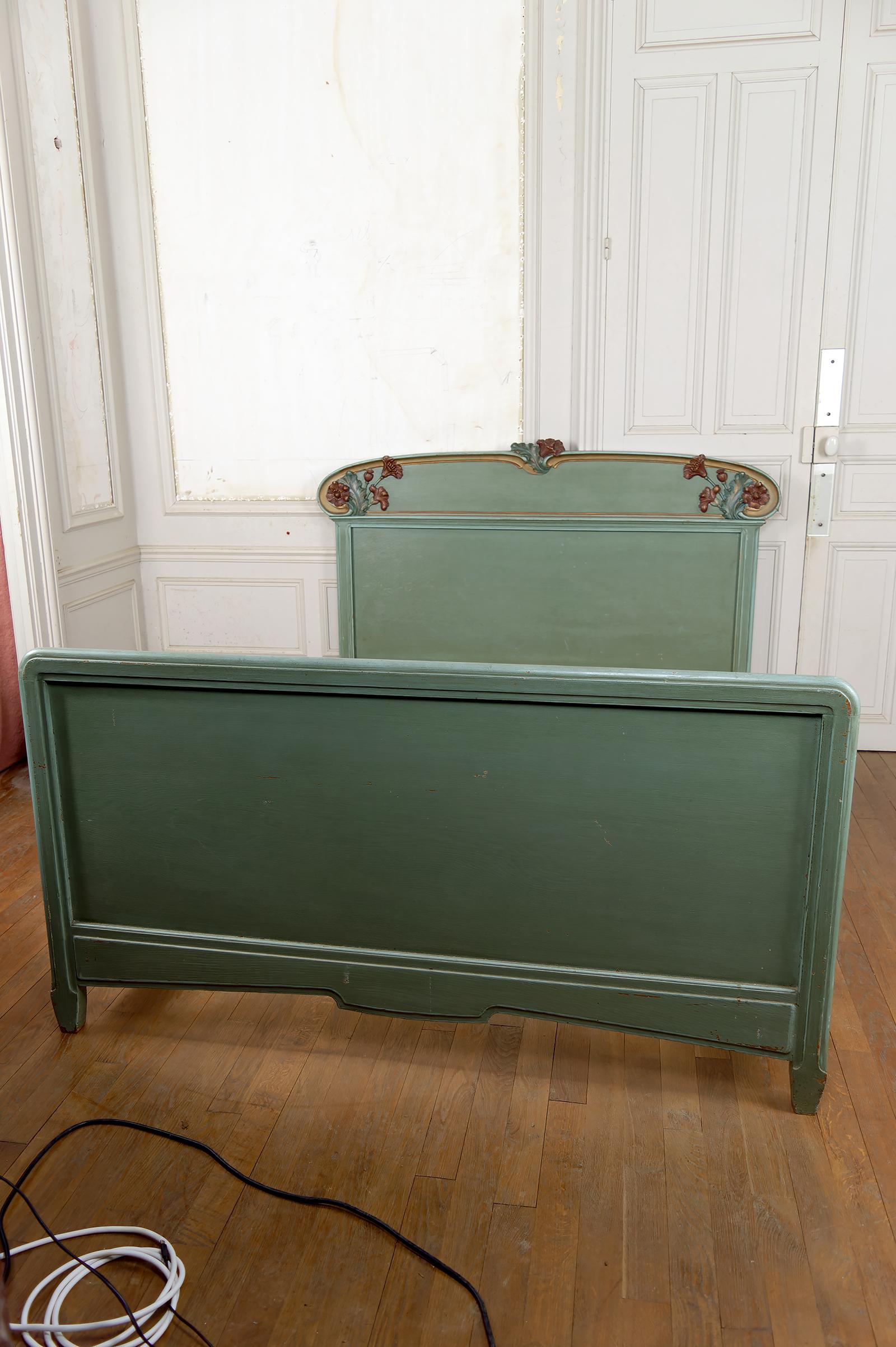 French Art Nouveau Carved and Painted Wooden Bed, Floral Theme: Poppies, France, 1900 For Sale
