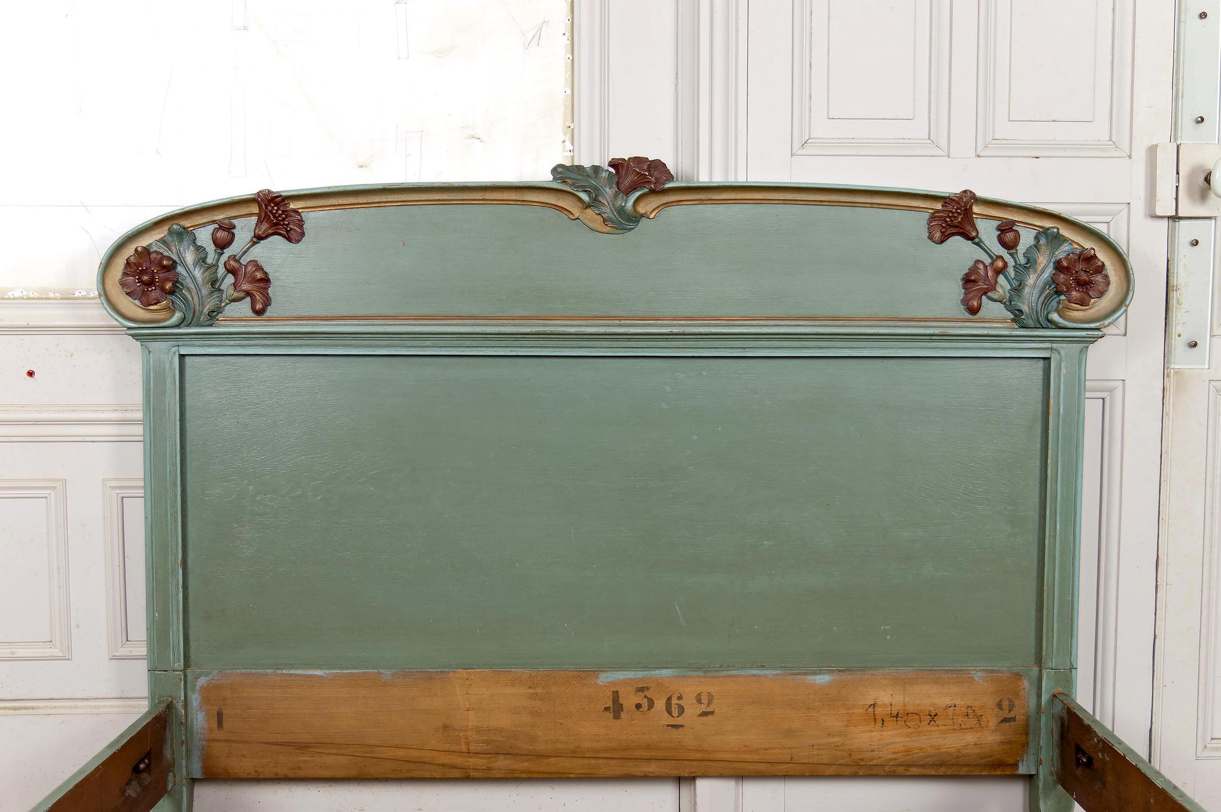 Early 20th Century Art Nouveau Carved and Painted Wooden Bed, Floral Theme: Poppies, France, 1900 For Sale