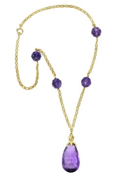 Art Nouveau Carved and Faceted Amethyst 14 Karat Gold Drop Necklace