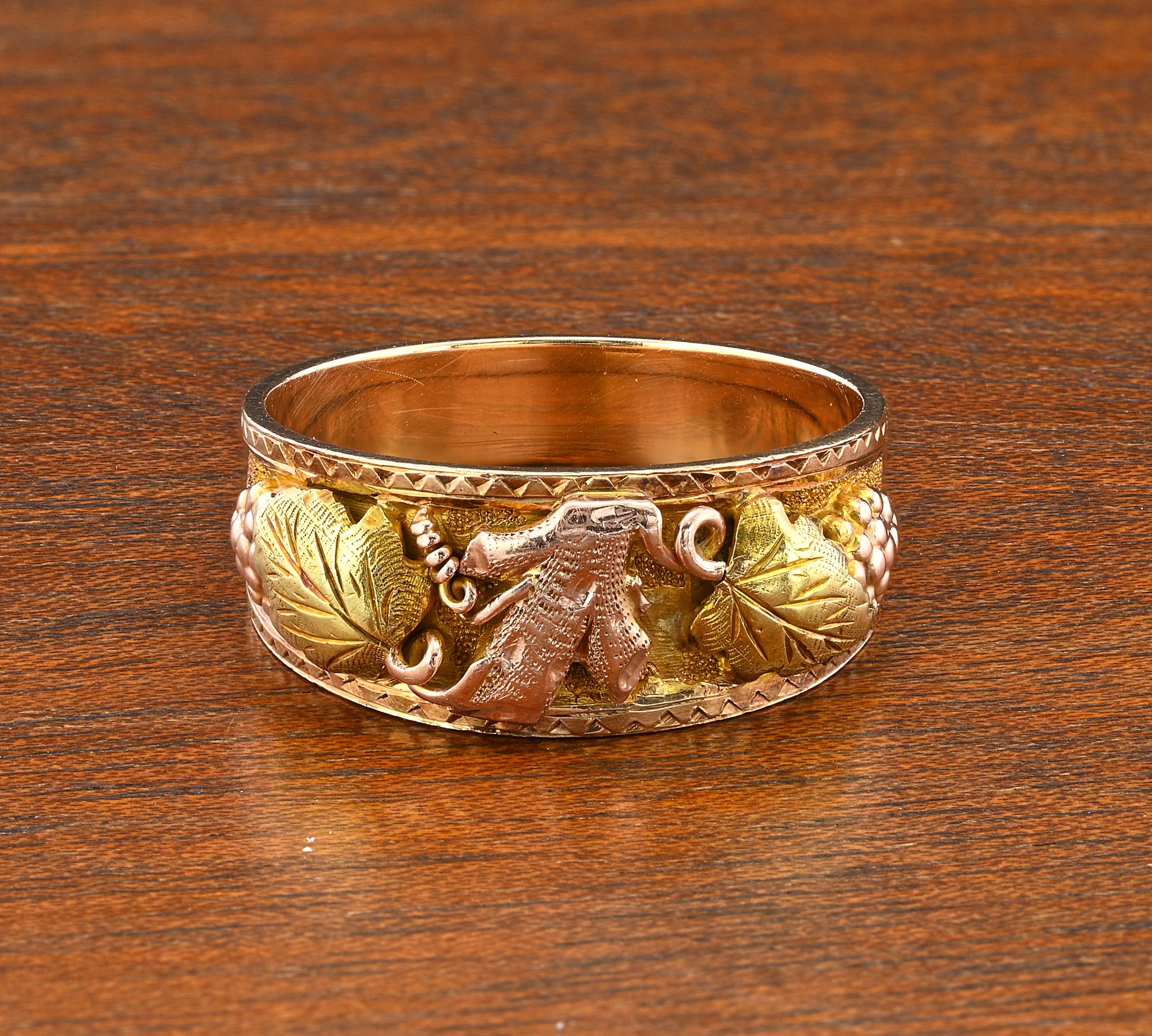 Questo bellissimo anello a fascia d'epoca, unico nel suo genere, è un anello Art Nouveau del 1905 circa.
Realizzato a mano in oro rosa e giallo 14 Kt.
Il lato anteriore è abilmente scolpito a mano in 3D con tralci d'uva e sinuose foglie d'edera, con