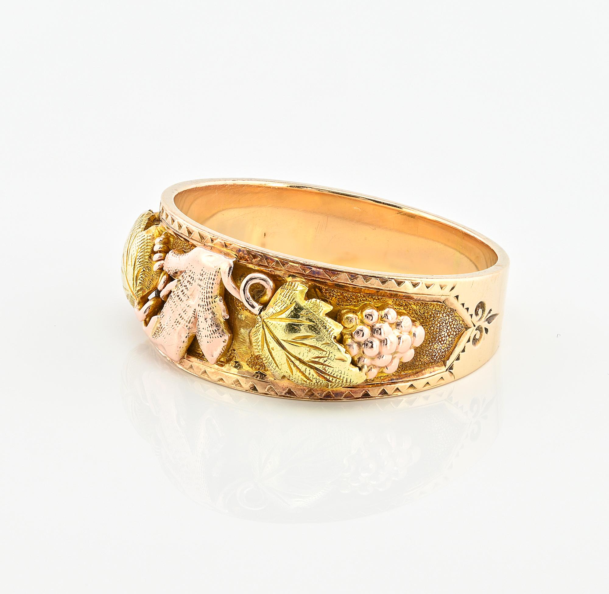 Art Nouveau Carved Ivy Leaf & Grape 14 Kt Wide Band Ring For Sale 1