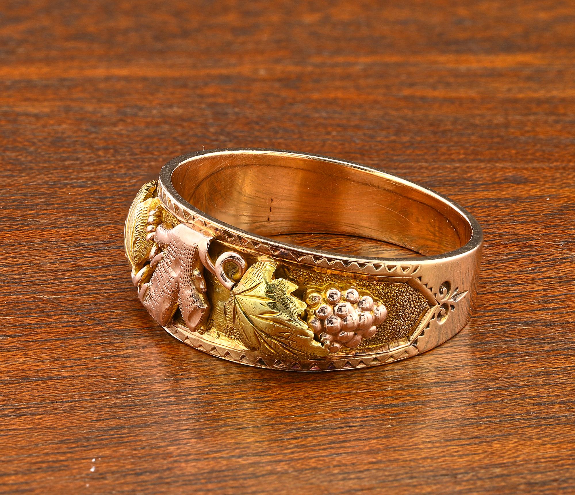 Art Nouveau Carved Ivy Leaf & Grape 14 Kt Wide Band Ring For Sale 2