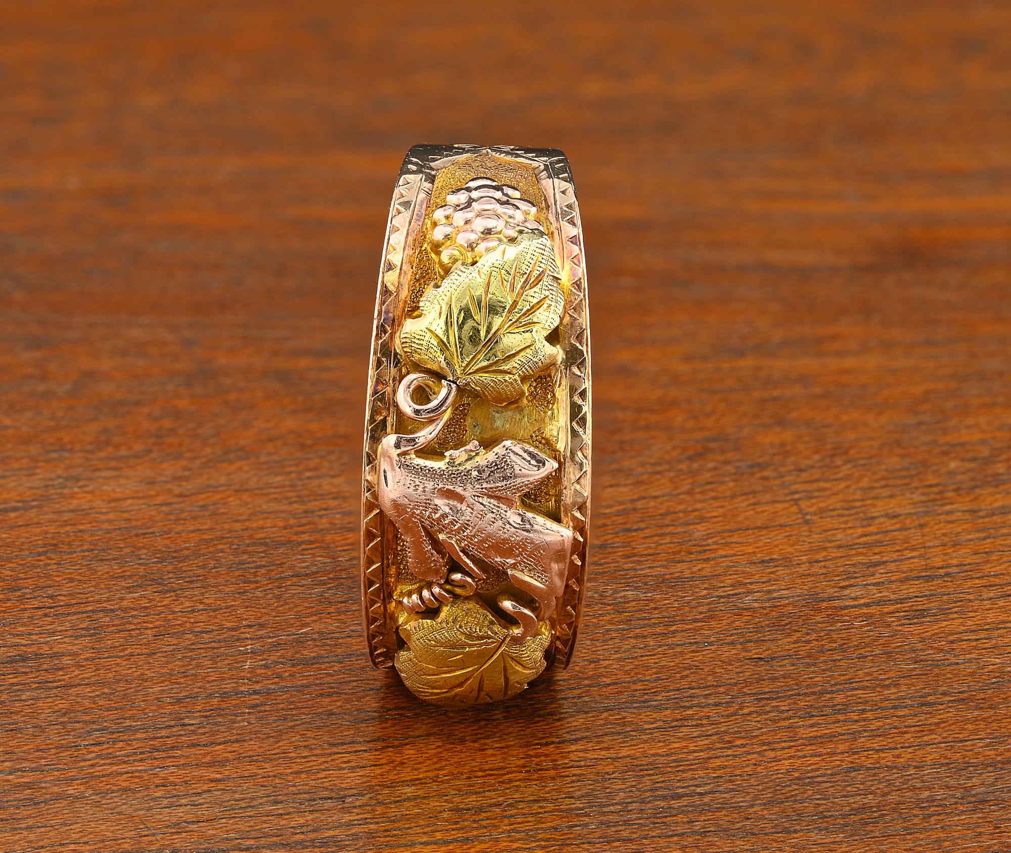 Art Nouveau Carved Ivy Leaf & Grape 14 Kt Wide Band Ring For Sale 4