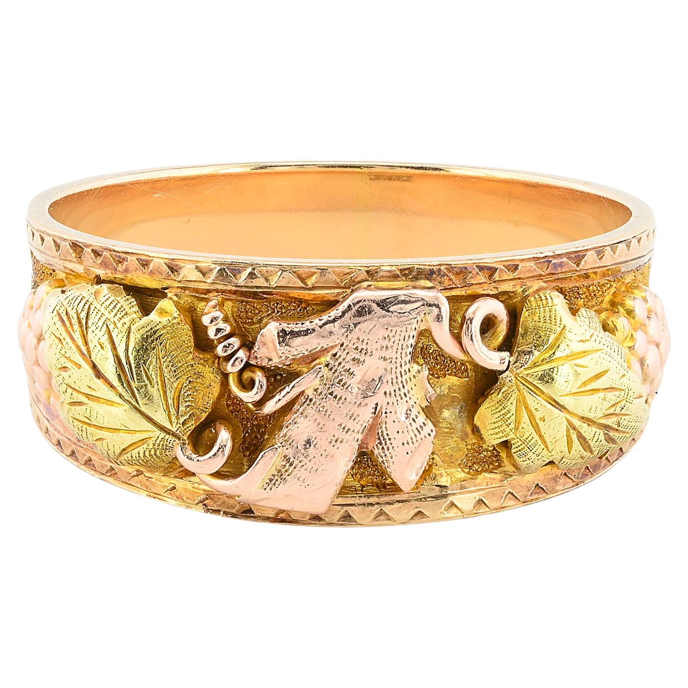 Art Nouveau Carved Ivy Leaf & Grape 14 Kt Wide Band Ring For Sale