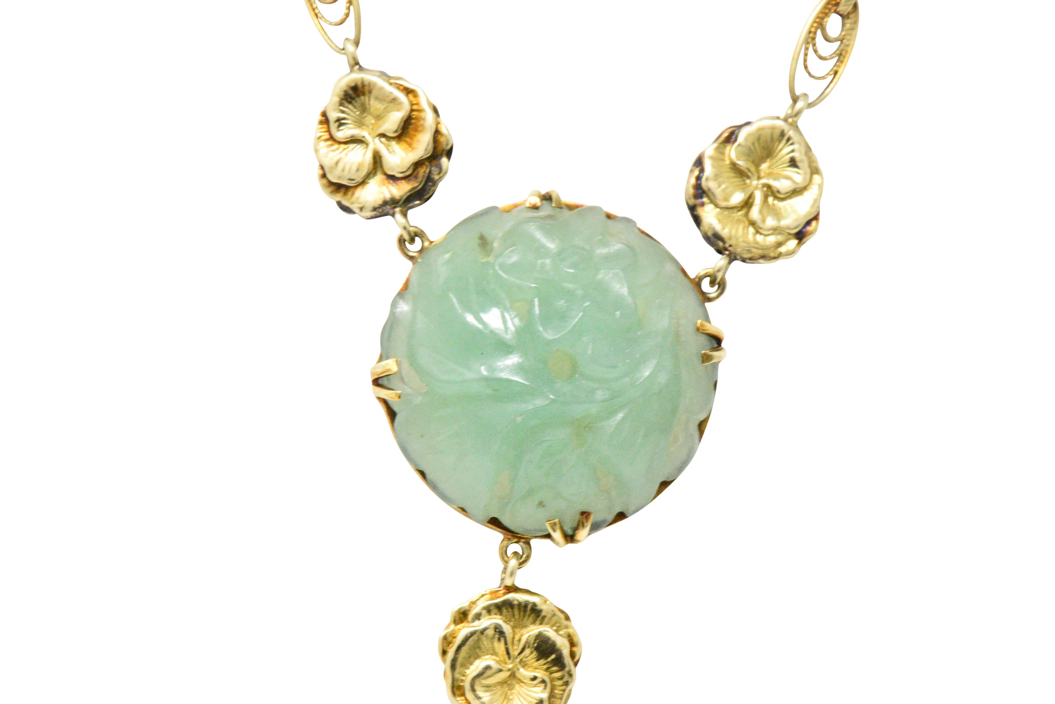 Art Nouveau Carved Jade 14 Karat Gold Drop Necklace In Excellent Condition In Philadelphia, PA