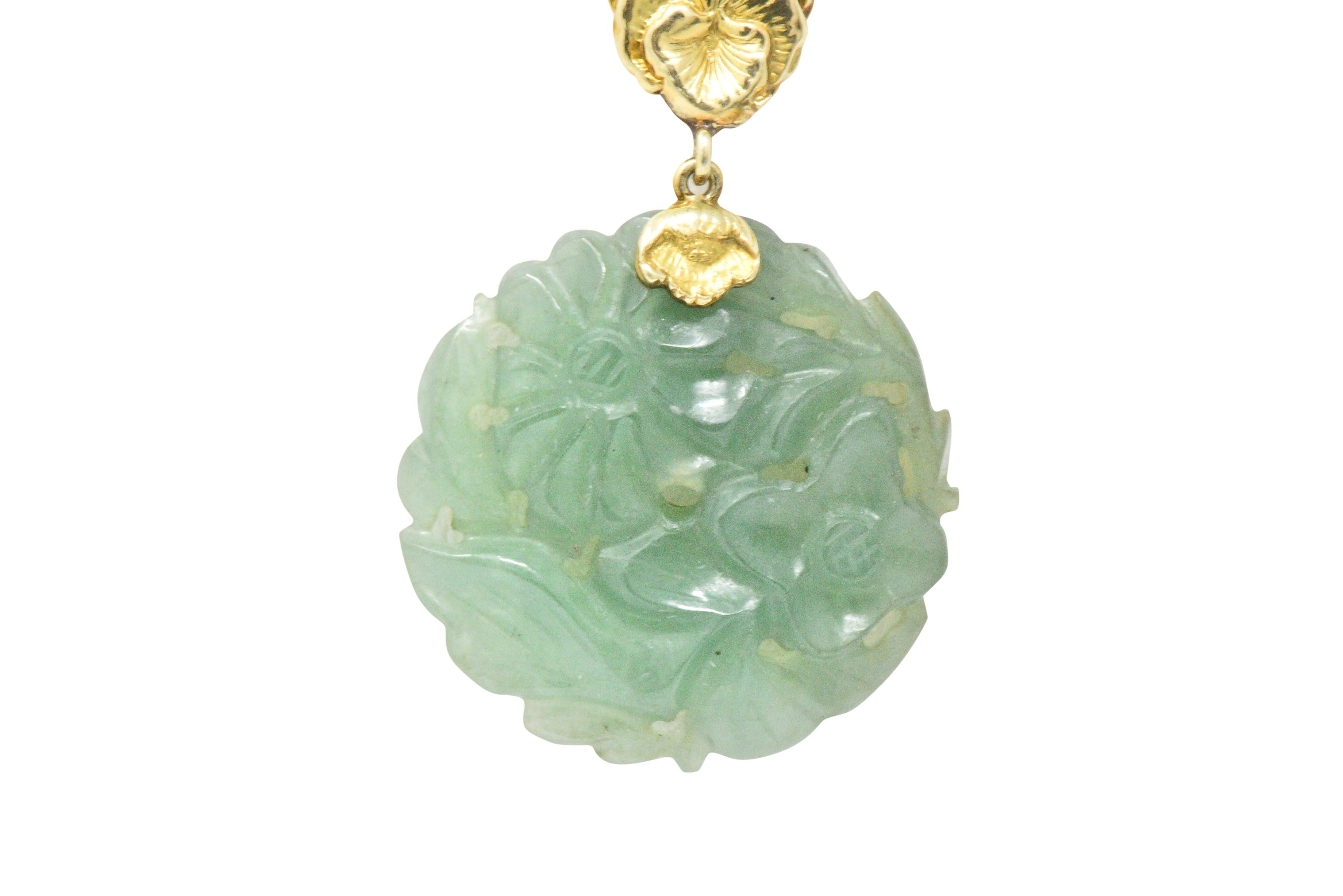 Women's or Men's Art Nouveau Carved Jade 14 Karat Gold Drop Necklace