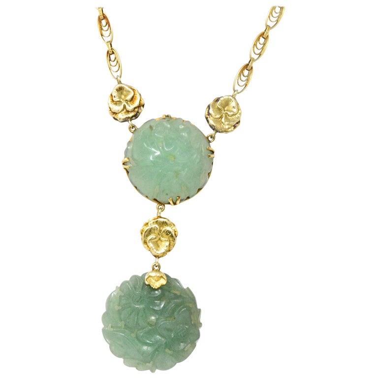 Art Nouveau Carved Jade 14 Karat Gold Drop Necklace For Sale at 1stDibs