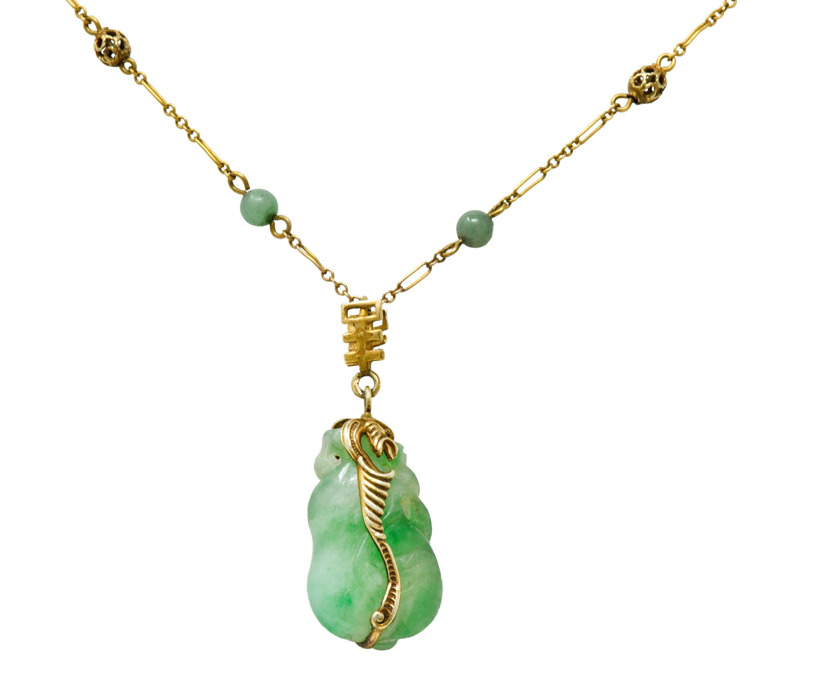 Art Nouveau Carved Jade 14 Karat Gold Drop Station Necklace 6