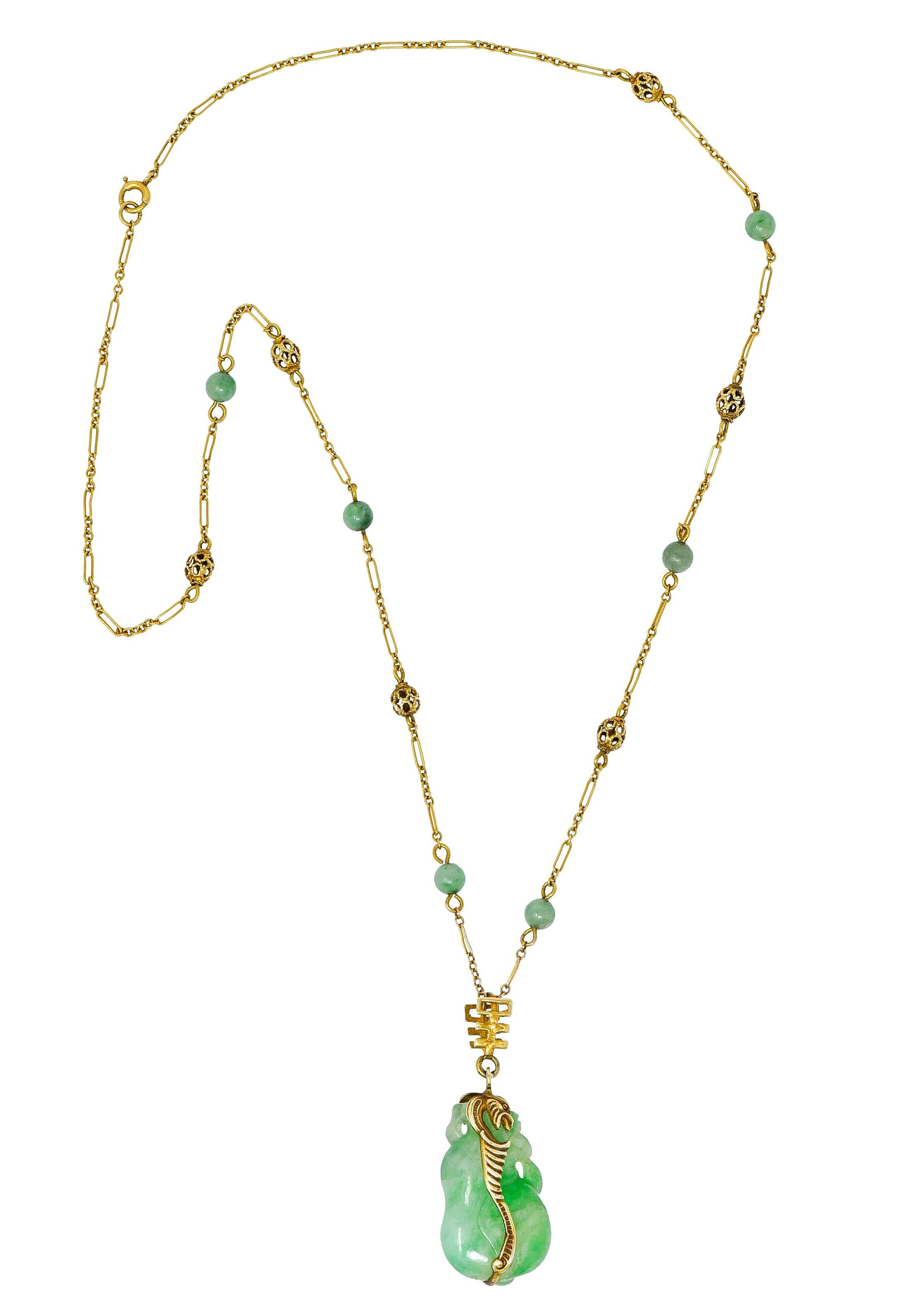 Cabochon Art Nouveau Carved Jade 14 Karat Gold Drop Station Necklace