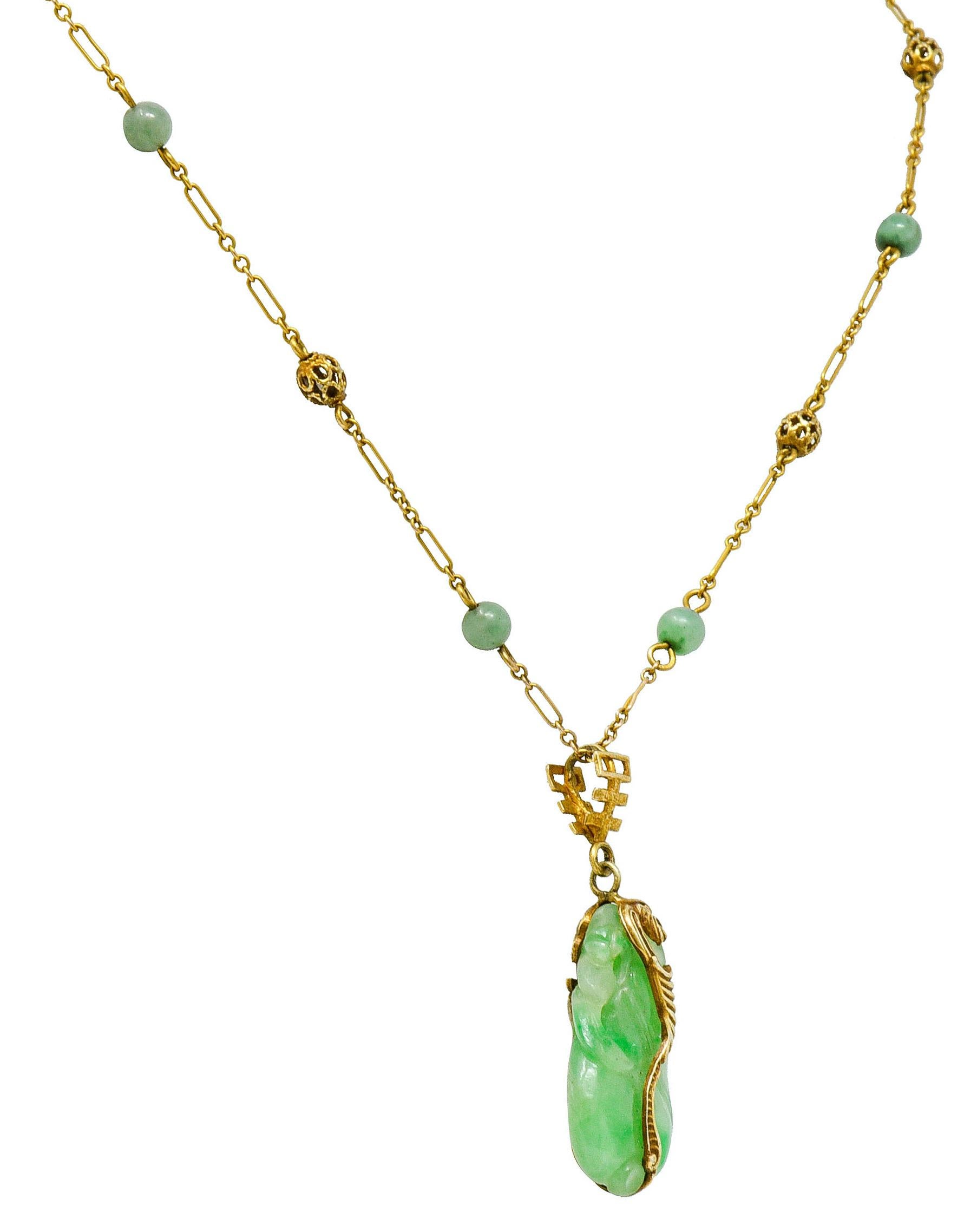 Art Nouveau Carved Jade 14 Karat Gold Drop Station Necklace In Excellent Condition In Philadelphia, PA