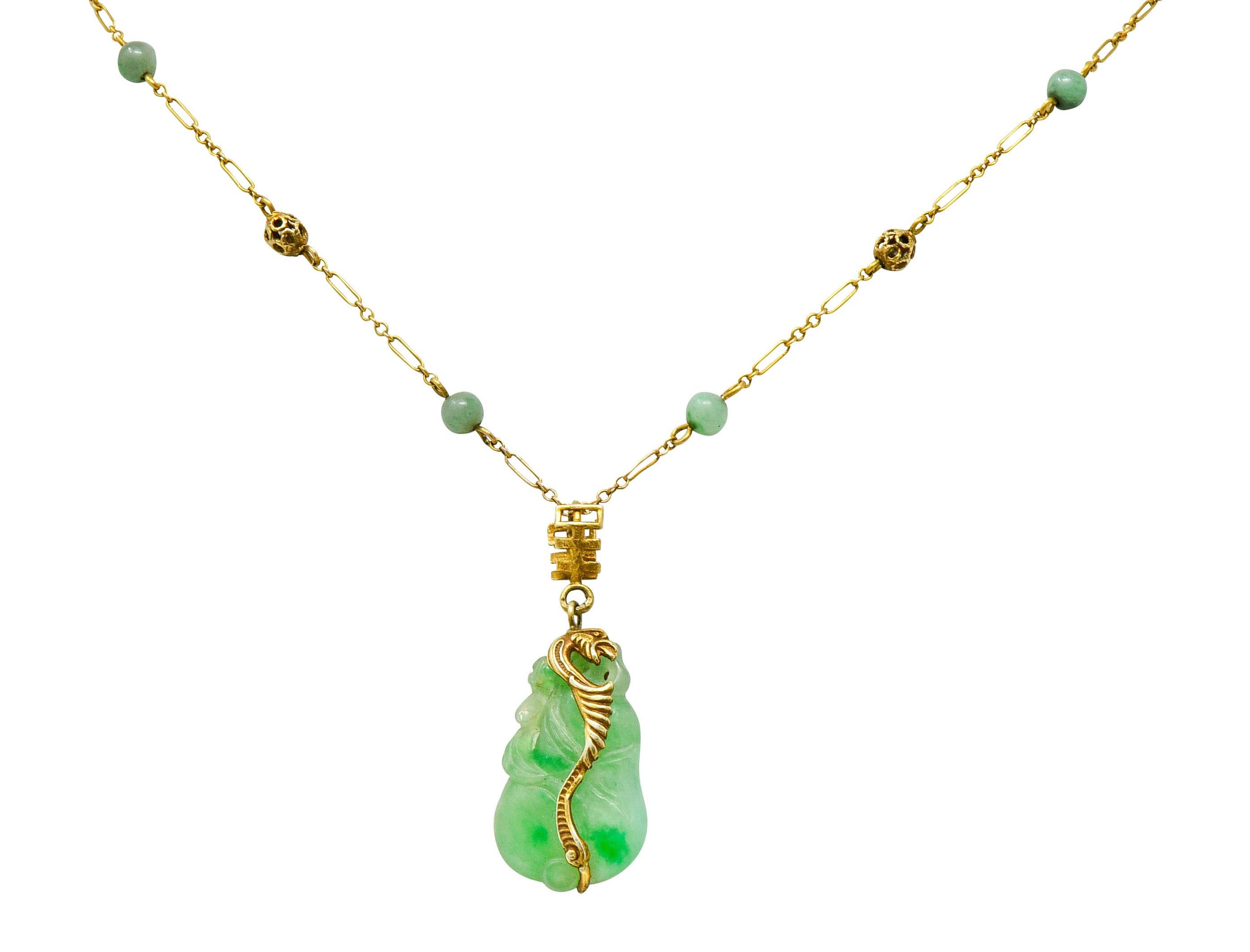 Women's or Men's Art Nouveau Carved Jade 14 Karat Gold Drop Station Necklace