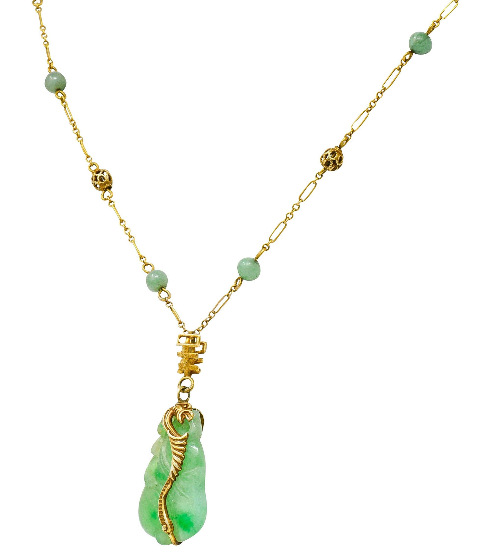 Art Nouveau Carved Jade 14 Karat Gold Drop Station Necklace 1