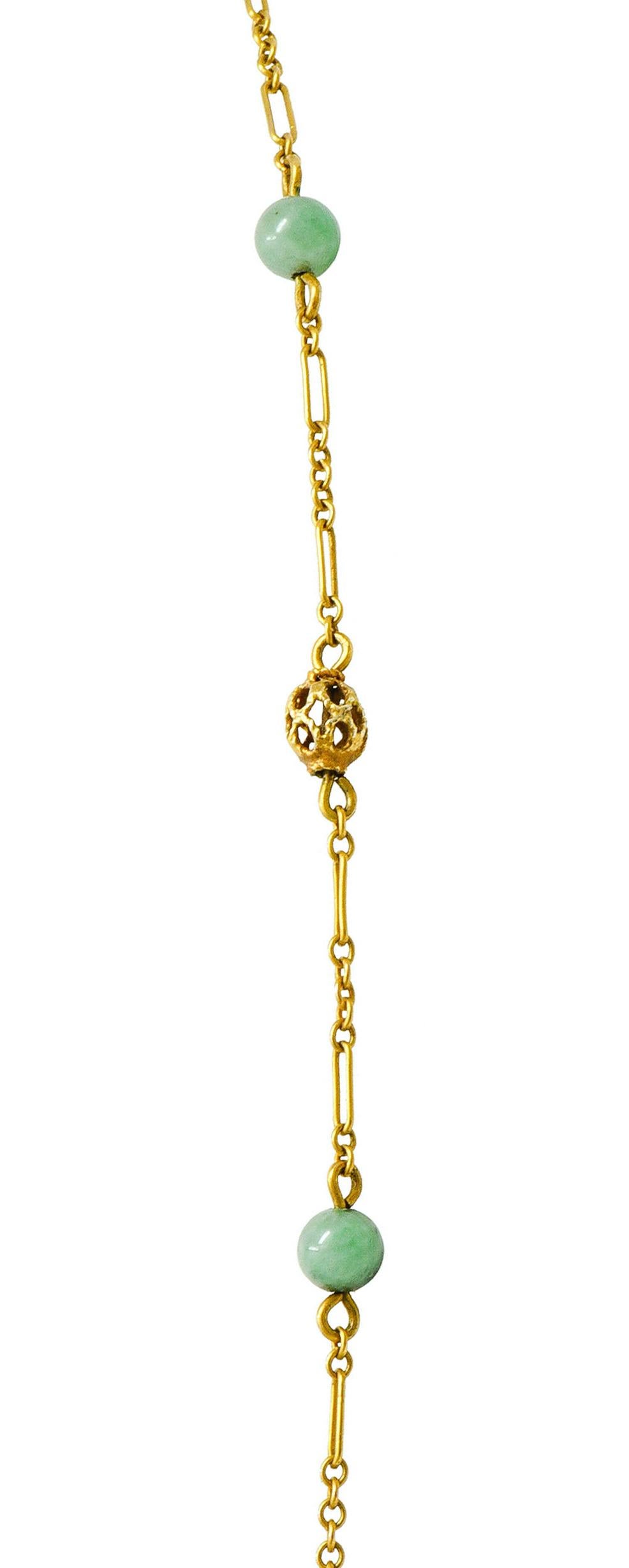 Art Nouveau Carved Jade 14 Karat Gold Drop Station Necklace 2