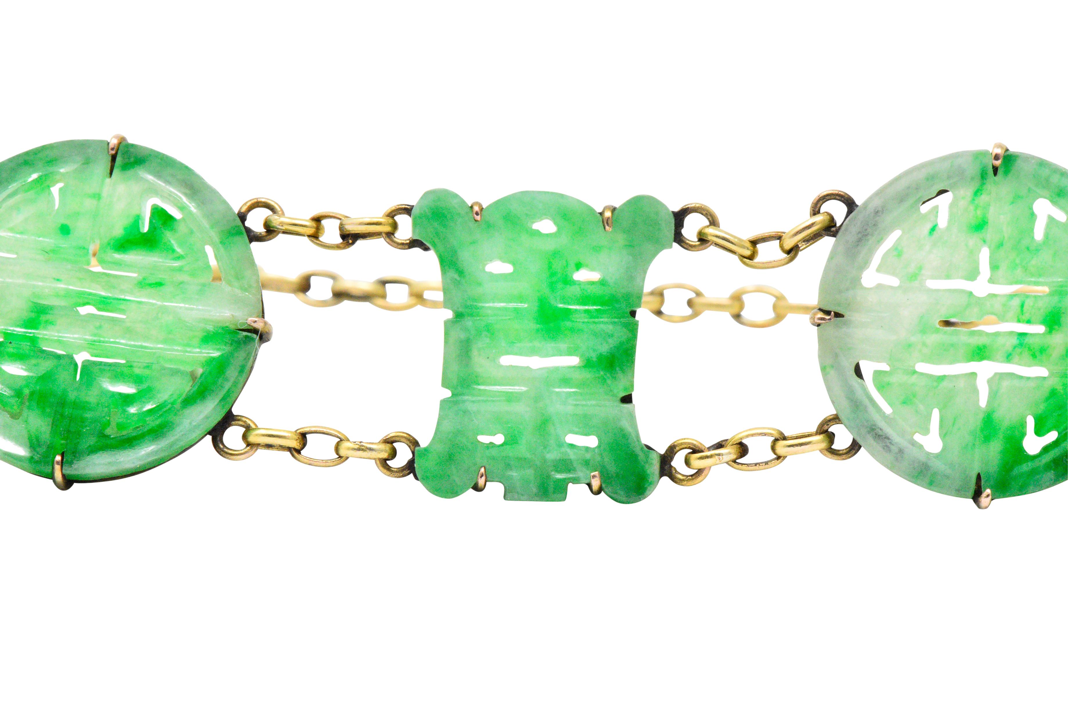 Women's or Men's Art Nouveau Carved Jade 14 Karat Gold Link Bracelet