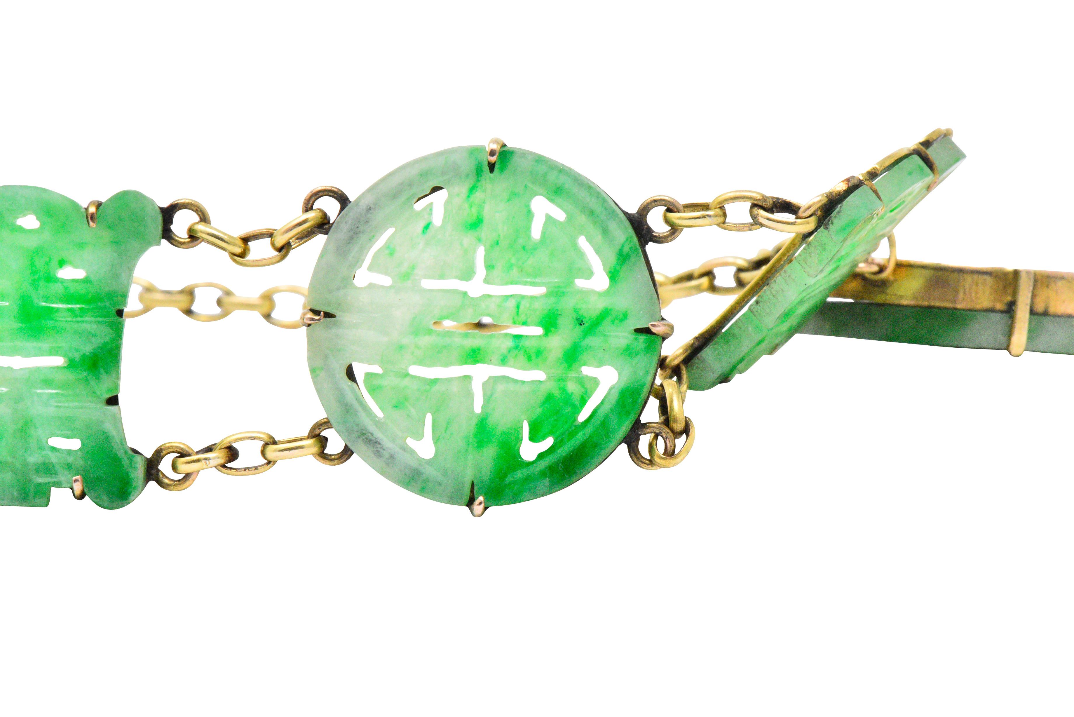 Art Nouveau Carved Jade 14 Karat Gold Link Bracelet 1